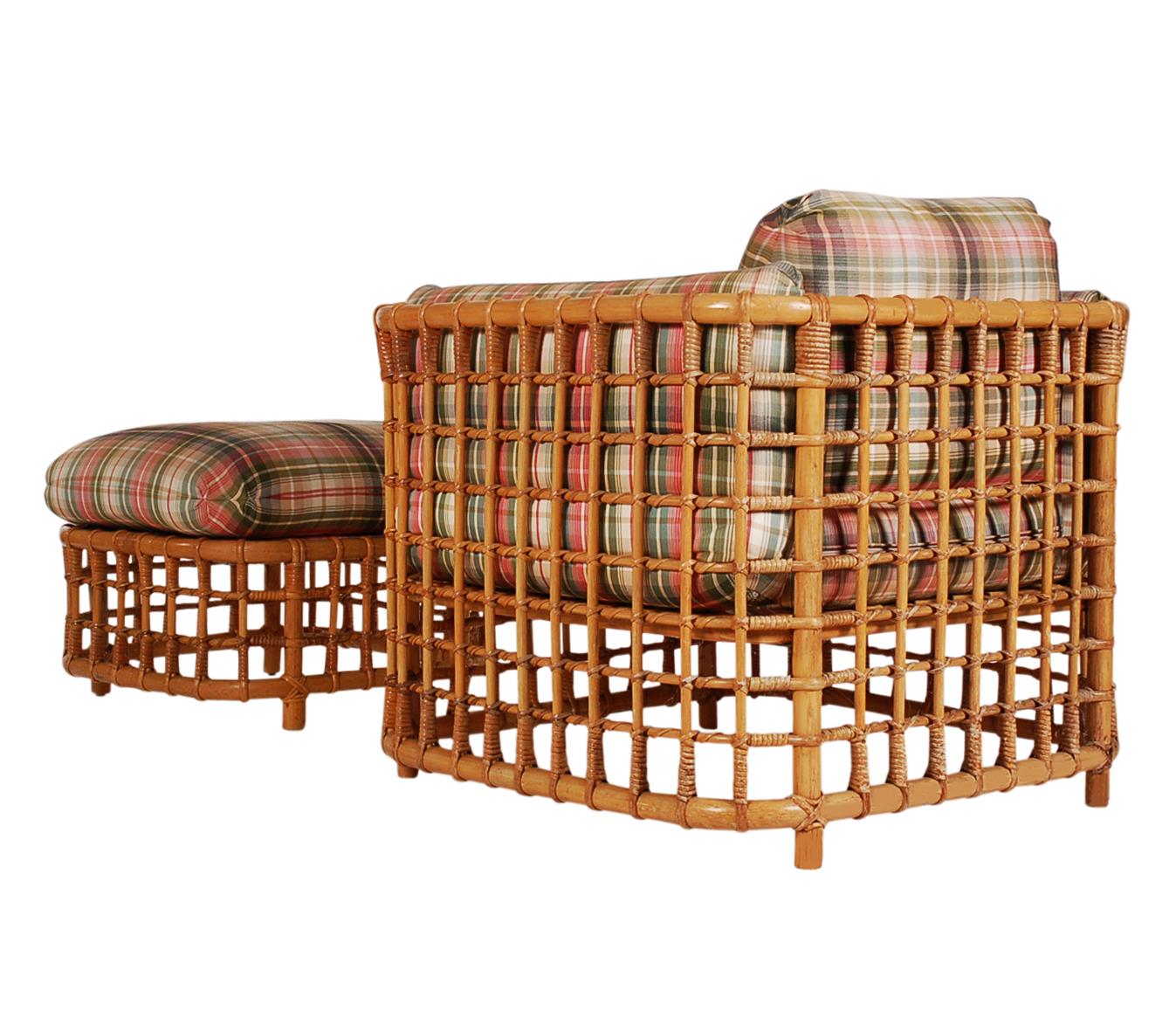 Mid-Century Modern Rattan Cube Lounge Chair with Foot Stool by Willow & Reed  In Good Condition For Sale In Philadelphia, PA