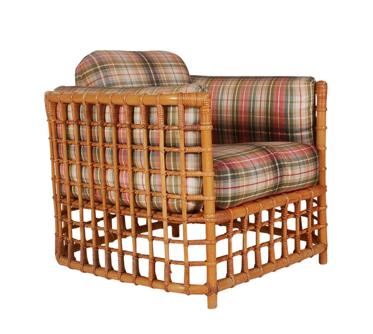 Fabric Mid-Century Modern Rattan Cube Lounge Chair with Foot Stool by Willow & Reed  For Sale