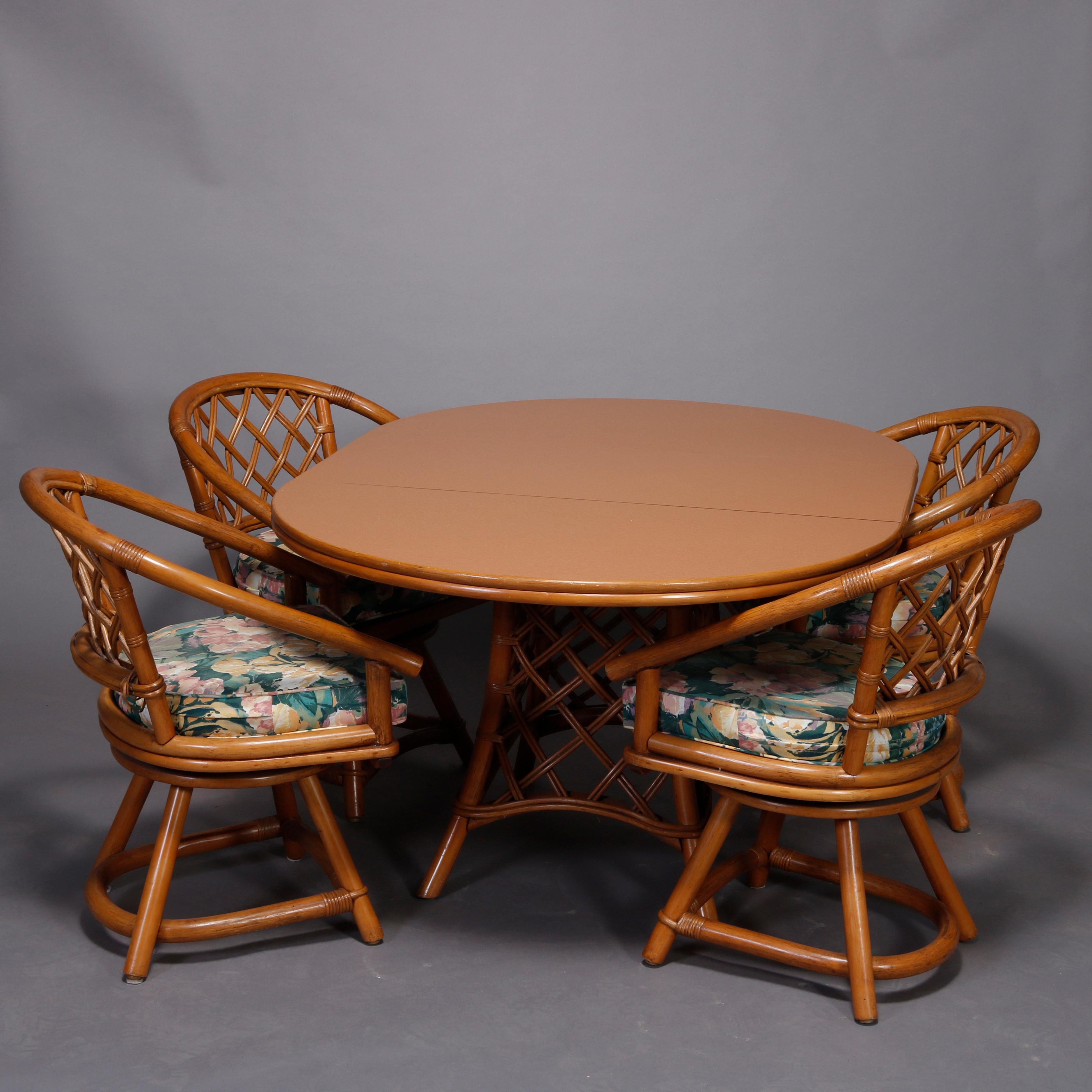 American Mid-Century Modern Rattan Dining Set, Table and Four Chairs, 20th Century