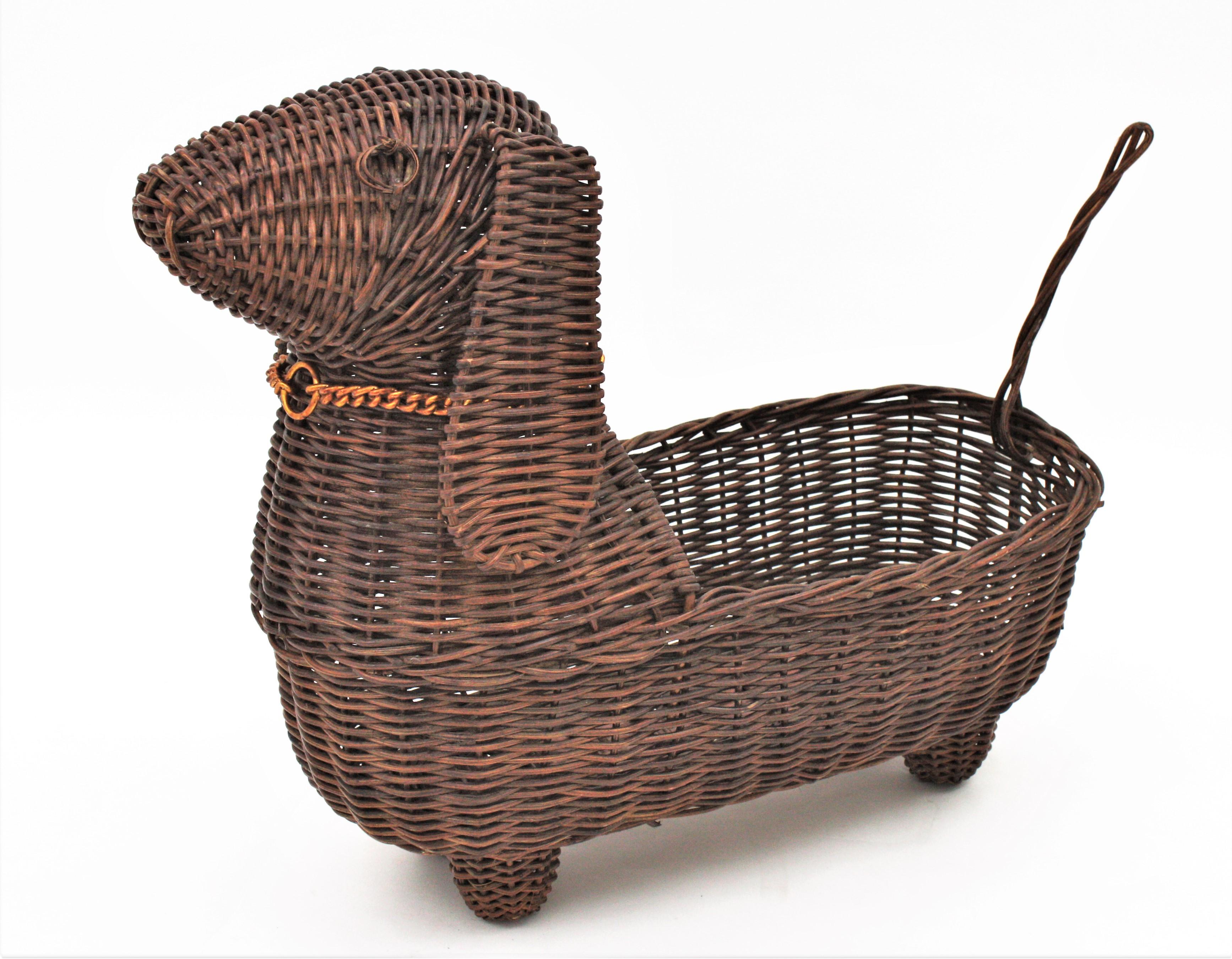 Lovely woven rattan decorative basket in the shape of a dog, France, 1960s.
This unusual handcrafted basket has a very realistic dog design accented by a gilt metal chain dog collar.
Add a custom made cuddling cushion for your domestic pets.
This