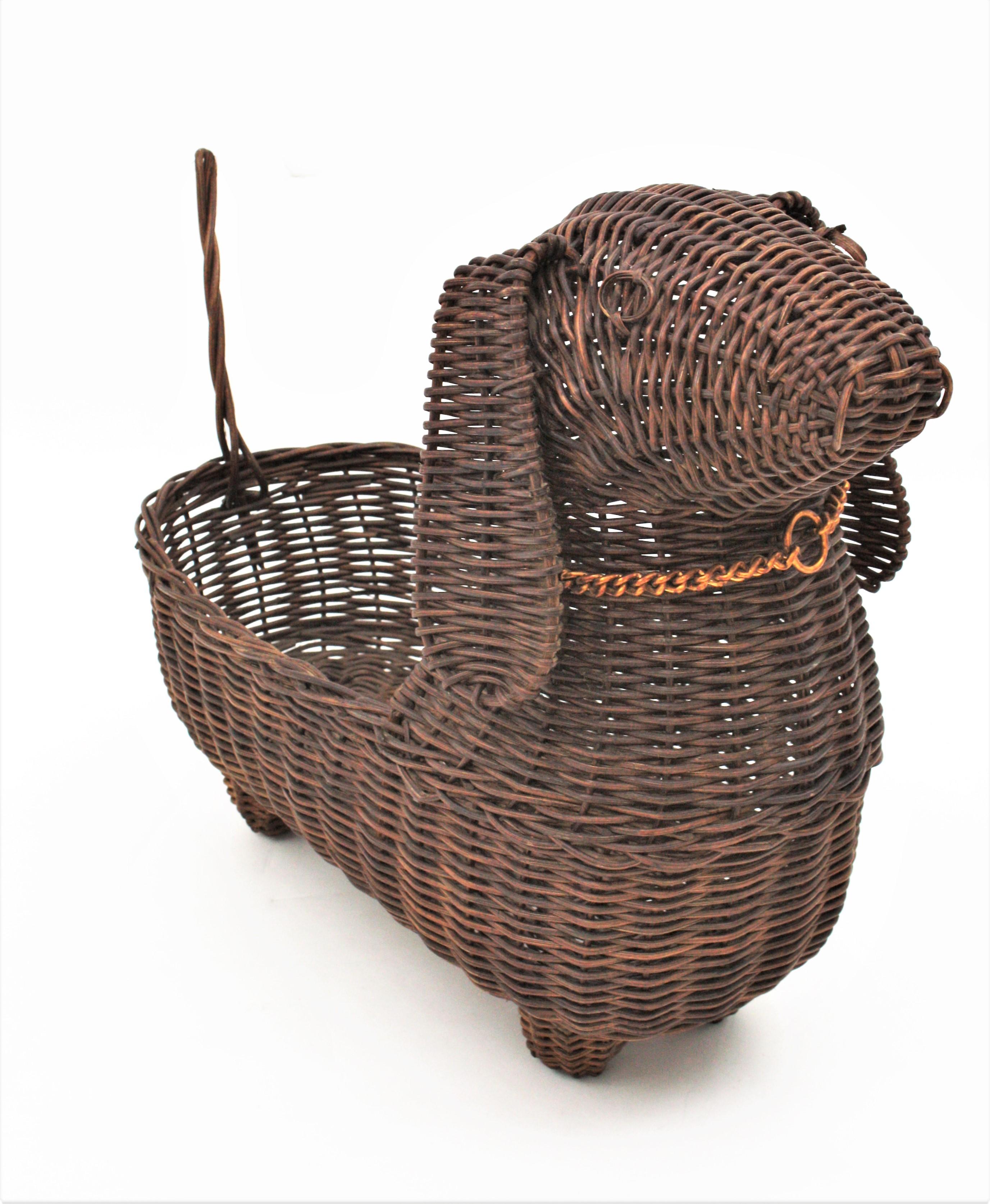 French Mid-Century Modern Rattan Figural Dog Basket / Pet Bed, France, 1960s