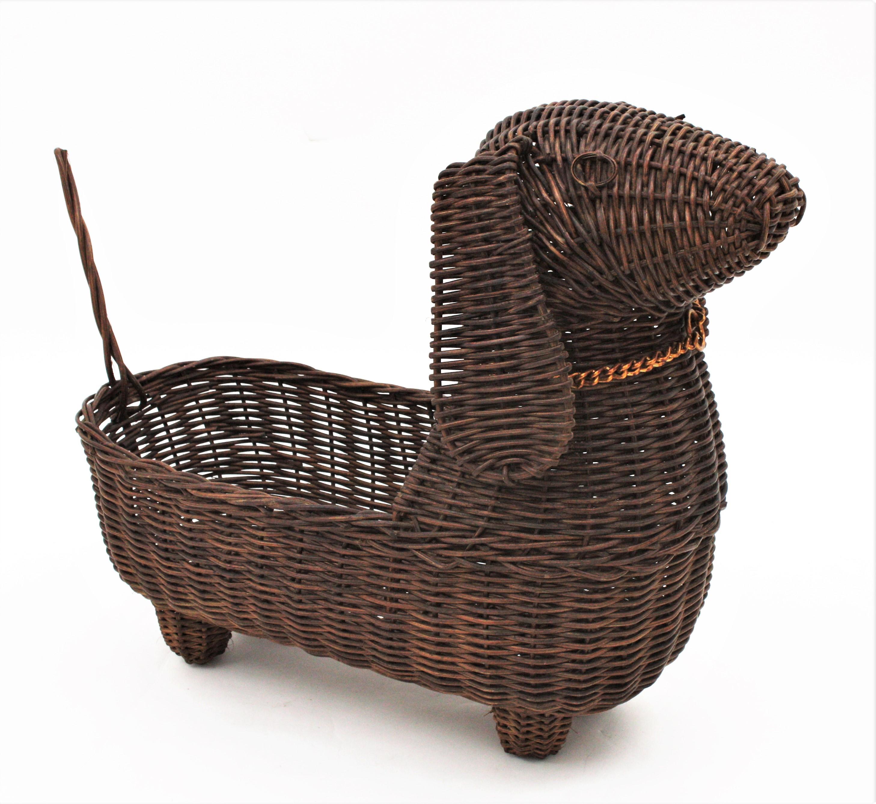 20th Century Mid-Century Modern Rattan Figural Dog Basket / Pet Bed, France, 1960s
