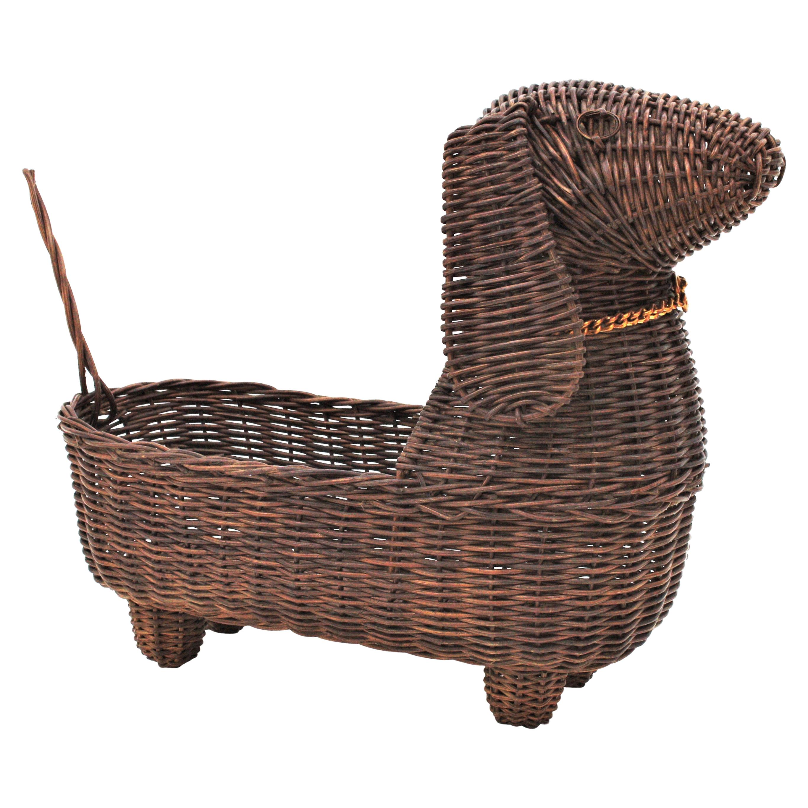 Mid-Century Modern Rattan Figural Dog Basket / Pet Bed, France, 1960s