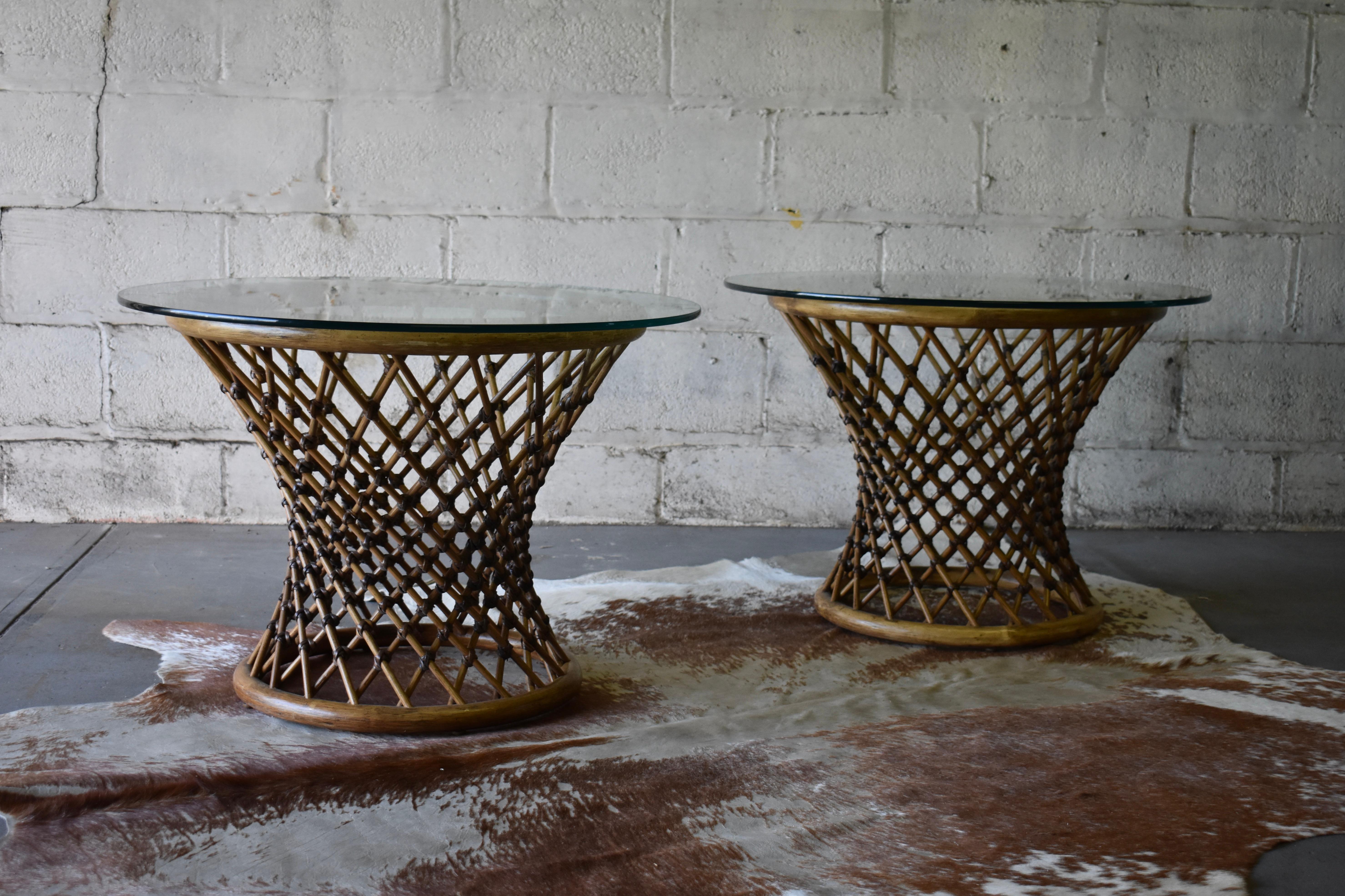 Bauhaus Mid-Century Modern Rattan + Glass End Tables / Side Tables For Sale