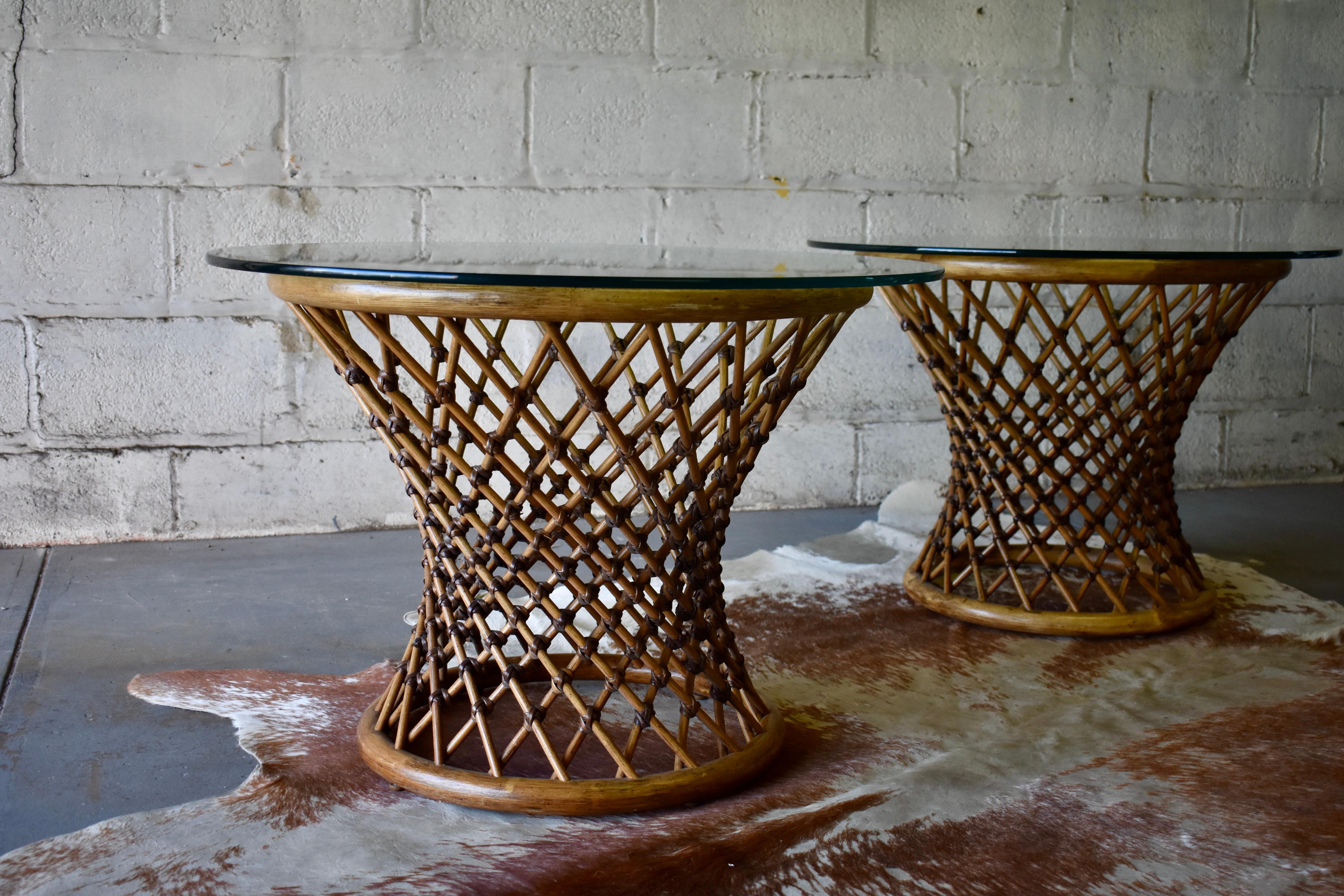 Mid-Century Modern Rattan + Glass End Tables / Side Tables In Good Condition For Sale In Weehawken, NJ