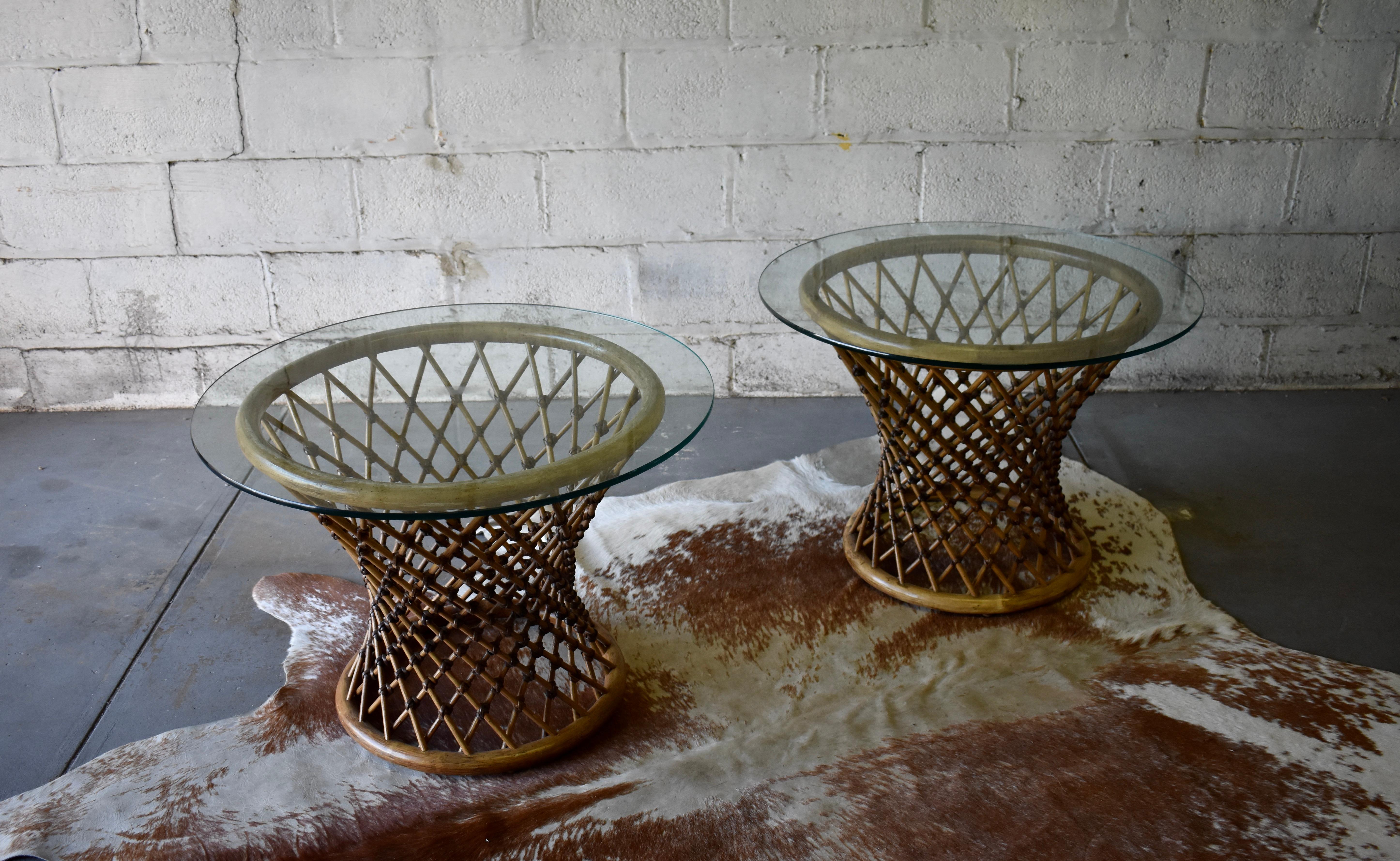 Mid-Century Modern Rattan + Glass End Tables / Side Tables For Sale 1
