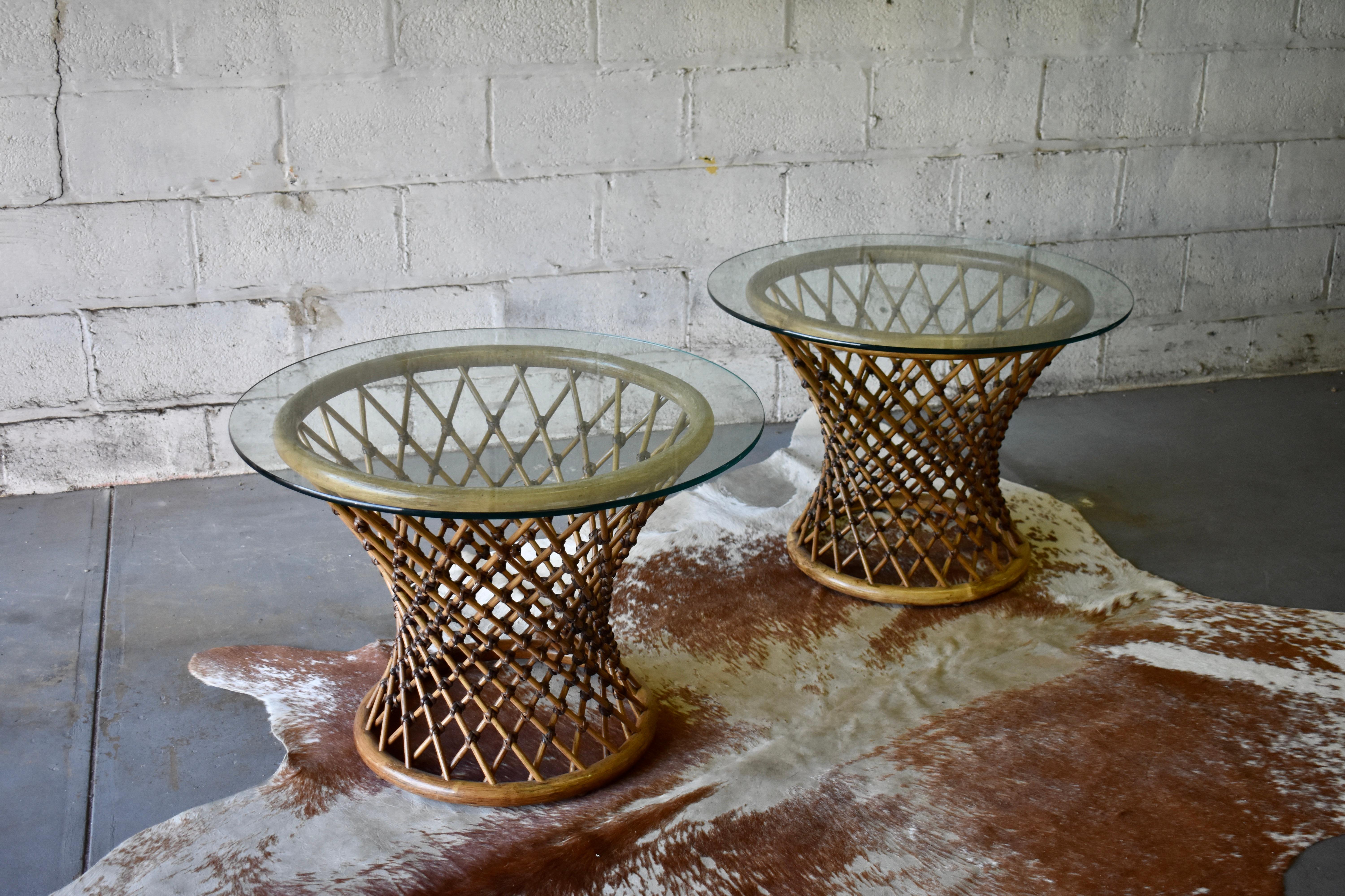 Mid-Century Modern Rattan + Glass End Tables / Side Tables For Sale 2