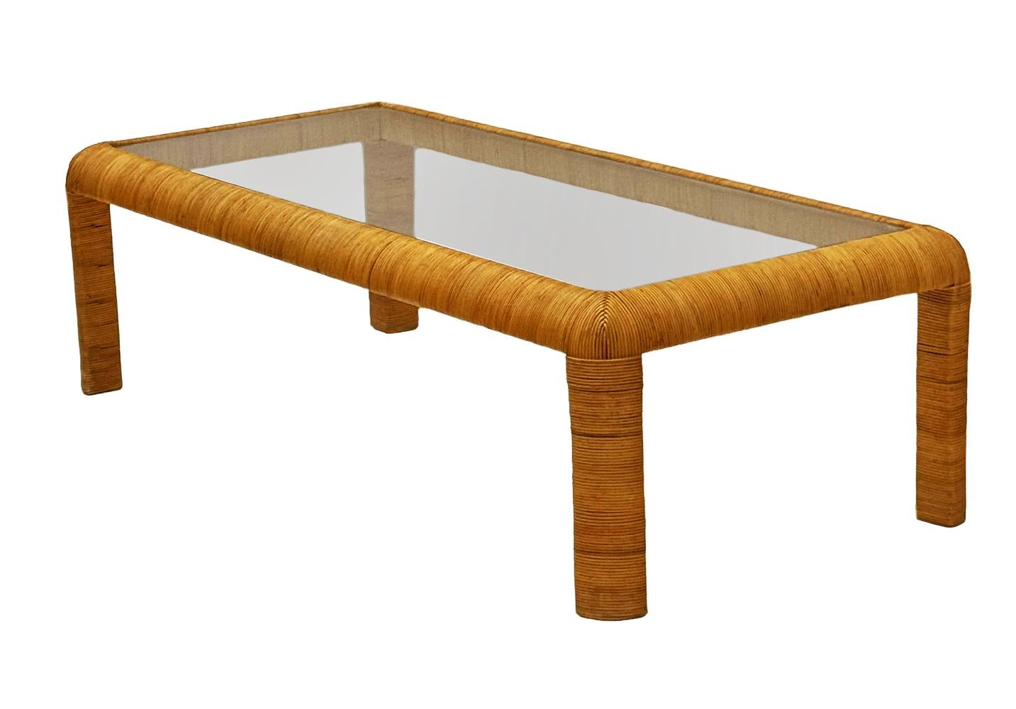 American Mid-Century Modern Rattan & Glass Rectangular Cocktail Table After Paul Frankl For Sale