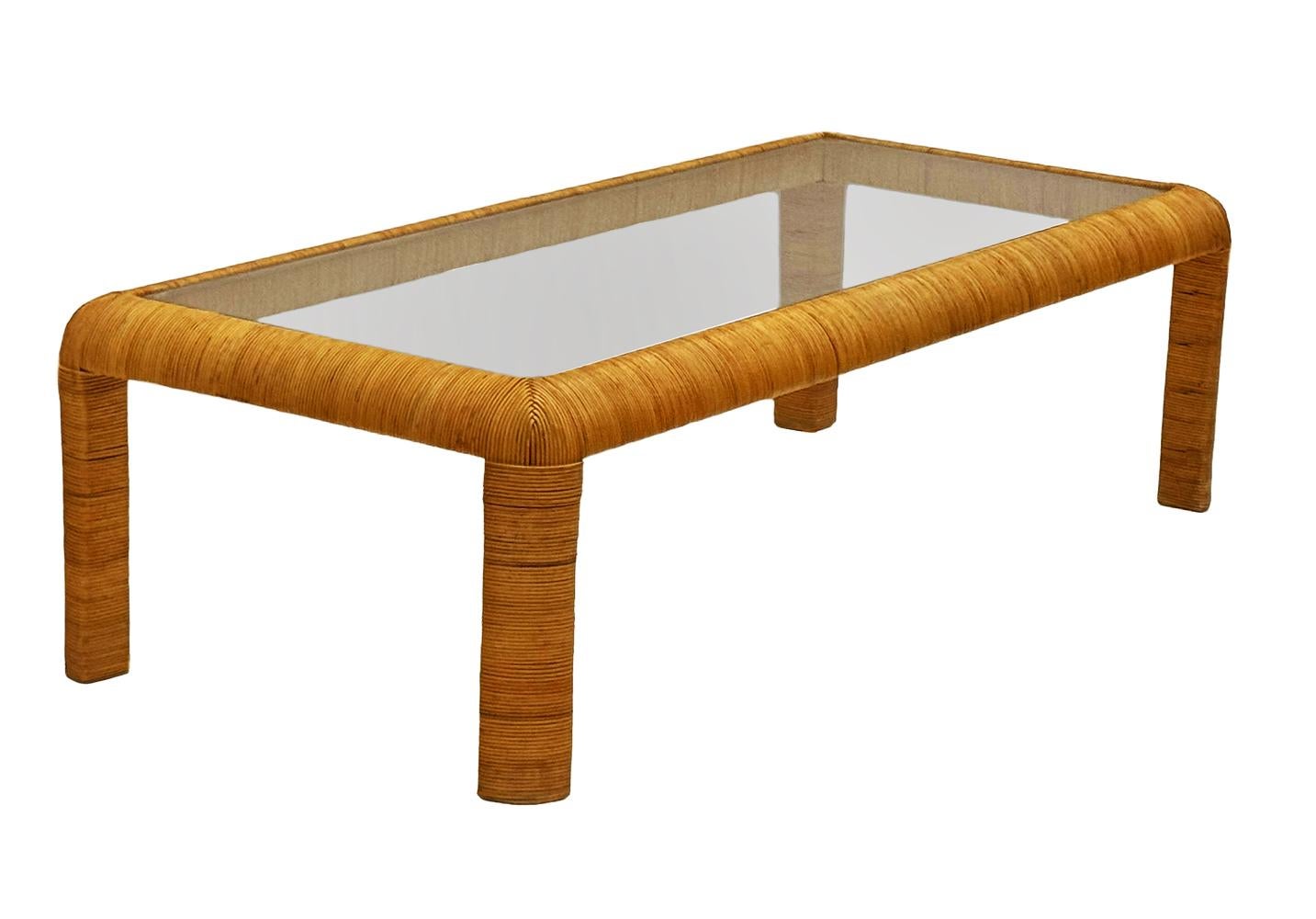 Mid-Century Modern Rattan & Glass Rectangular Cocktail Table After Paul Frankl For Sale 1