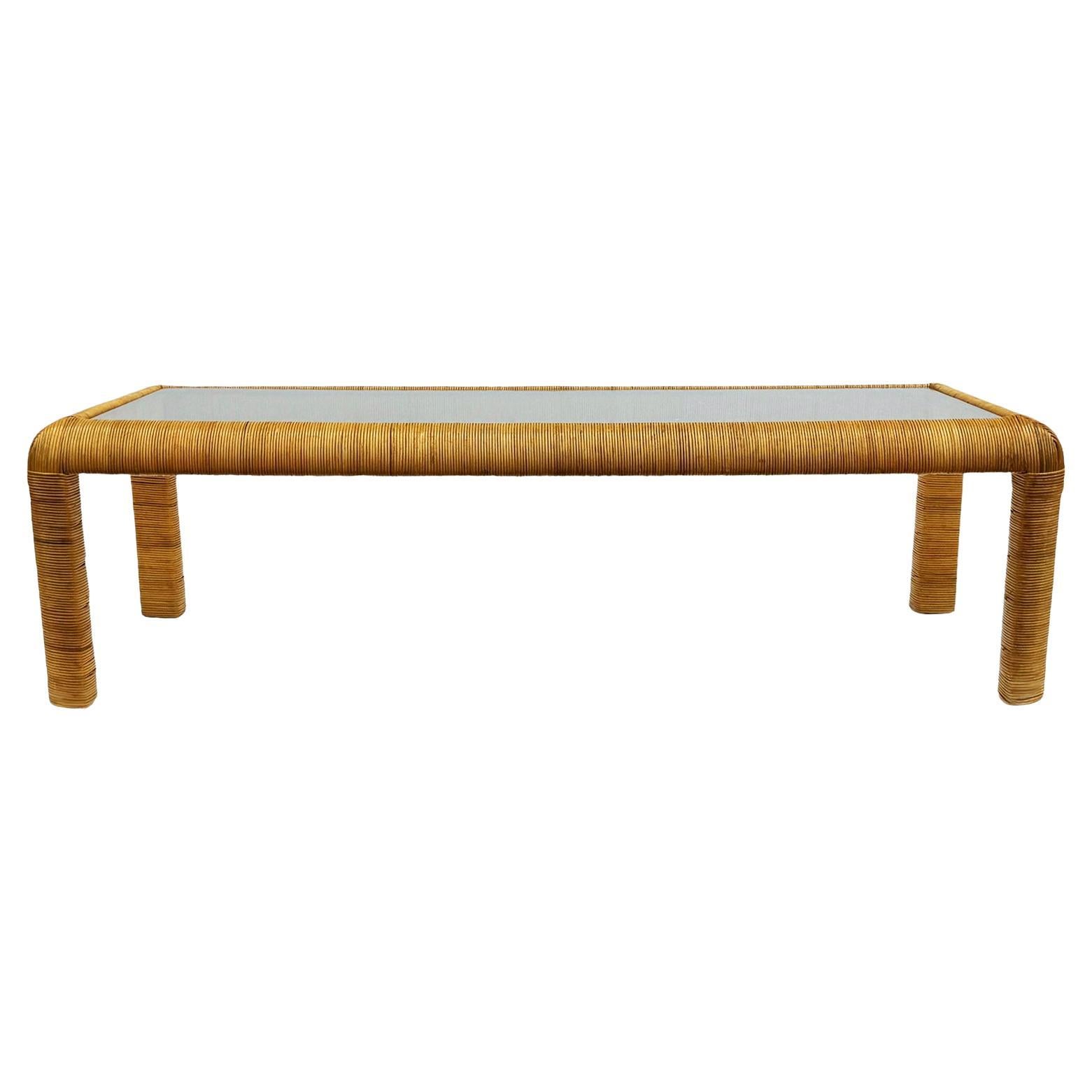 Mid-Century Modern Rattan & Glass Rectangular Cocktail Table After Paul Frankl