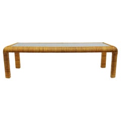 Used Mid-Century Modern Rattan & Glass Rectangular Cocktail Table After Paul Frankl