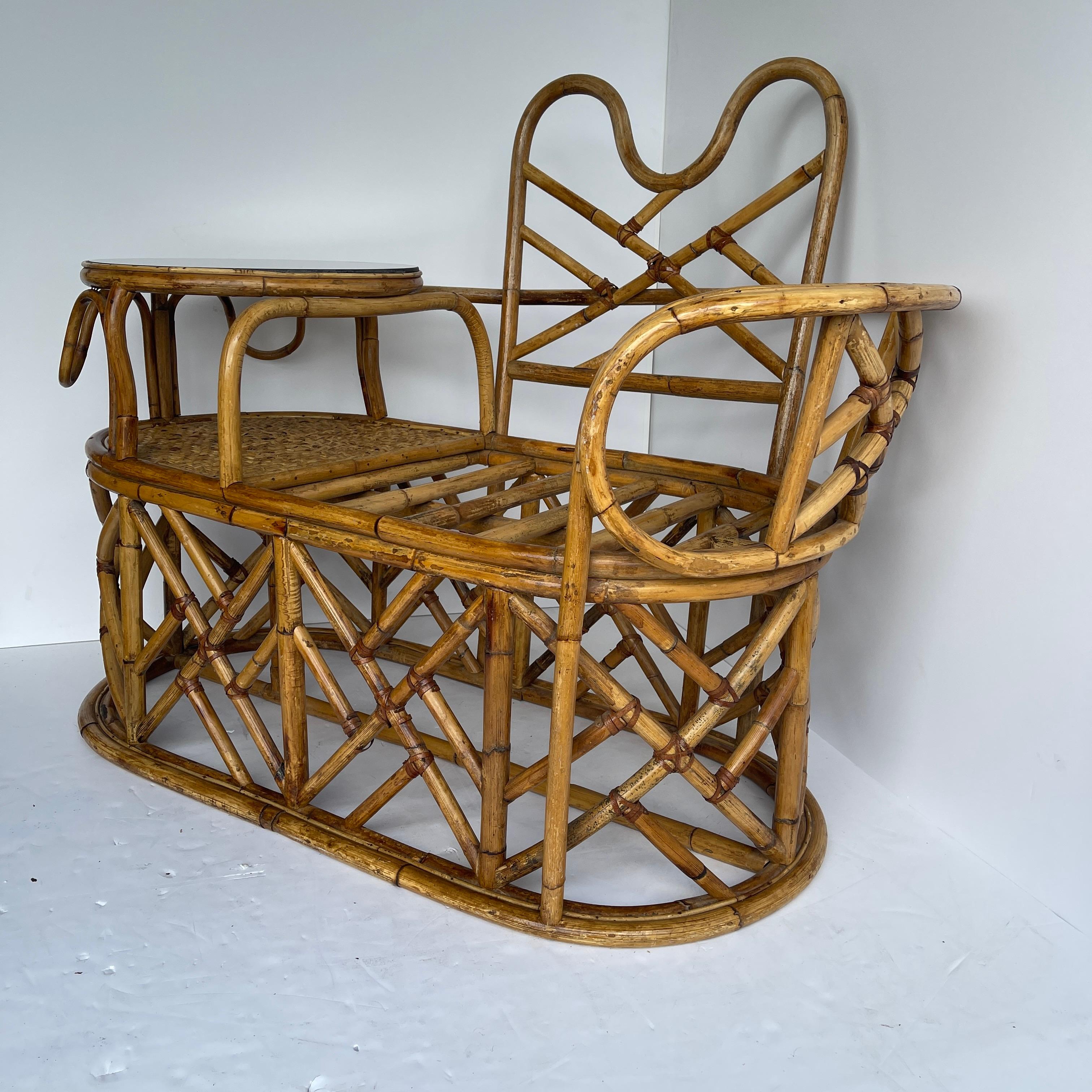 Woven Mid-Century Modern Rattan Gossip Bench with Glass Top Table For Sale