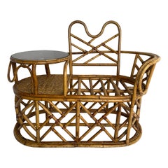 Retro Mid-Century Modern Rattan Gossip Bench with Glass Top Table