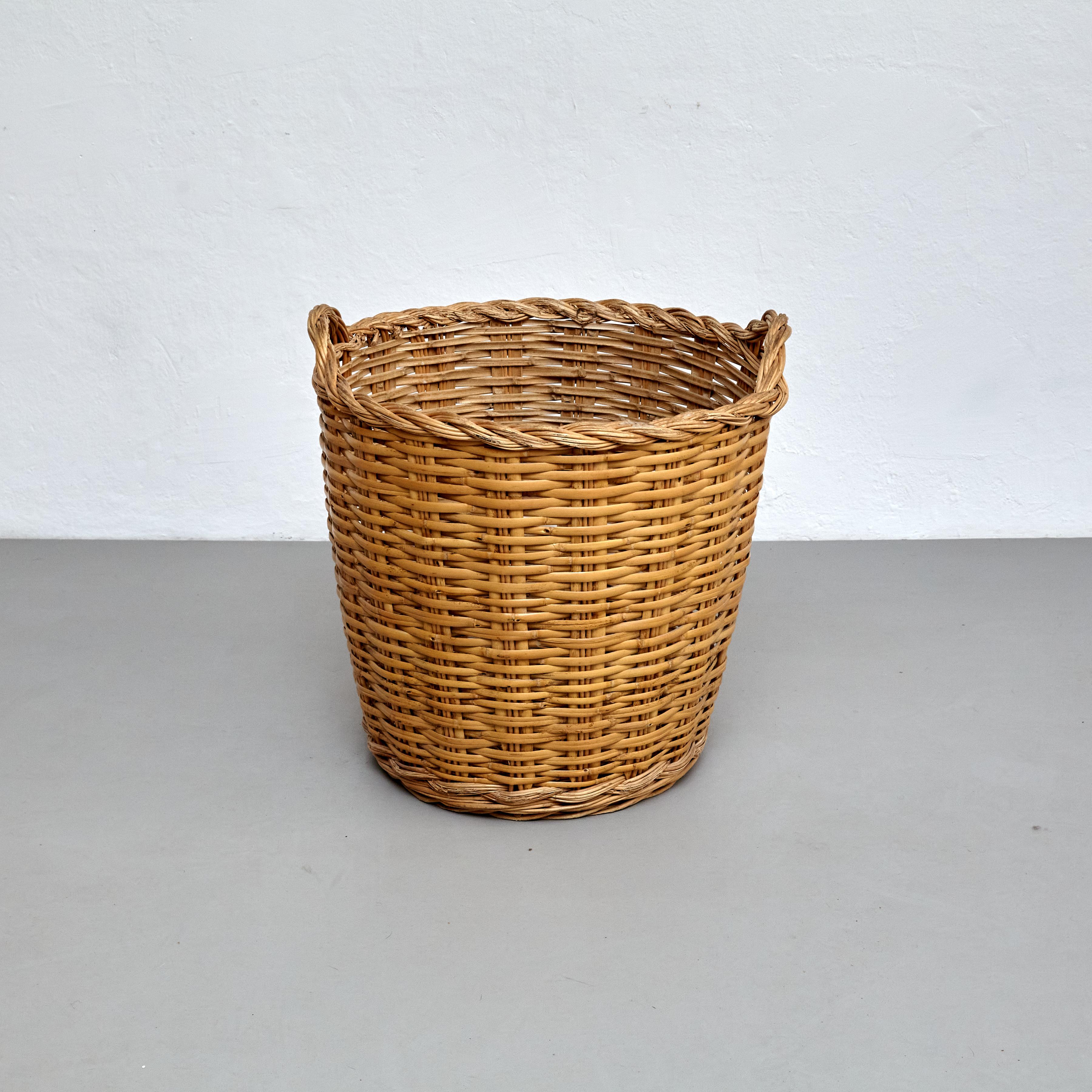 French Mid-Century Modern Rattan Large Basket, circa 1960