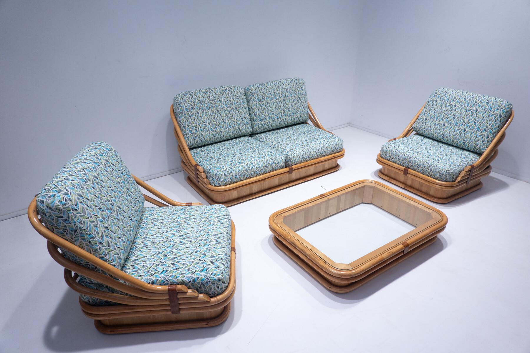 Mid-Century Modern Rattan Living Room Set, with Coffee Table, New Upholstery For Sale 8
