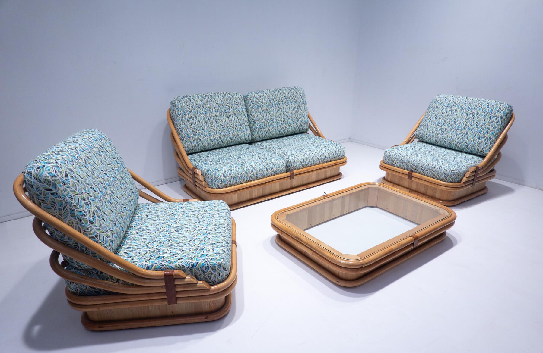Mid-Century Modern Rattan Living Room Set, with Coffee Table, New Upholstery For Sale 10