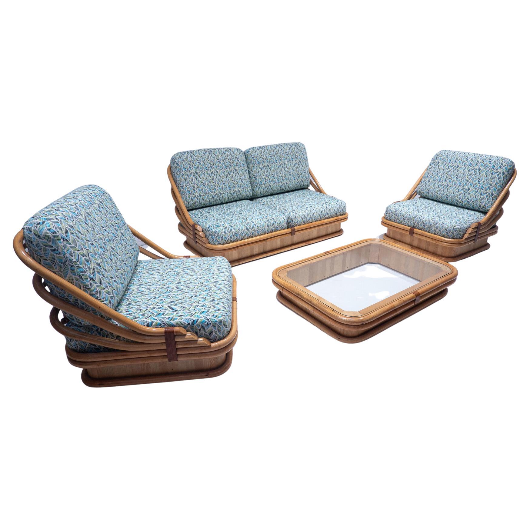 Mid-Century Modern Rattan Living Room Set, with Coffee Table, New Upholstery For Sale