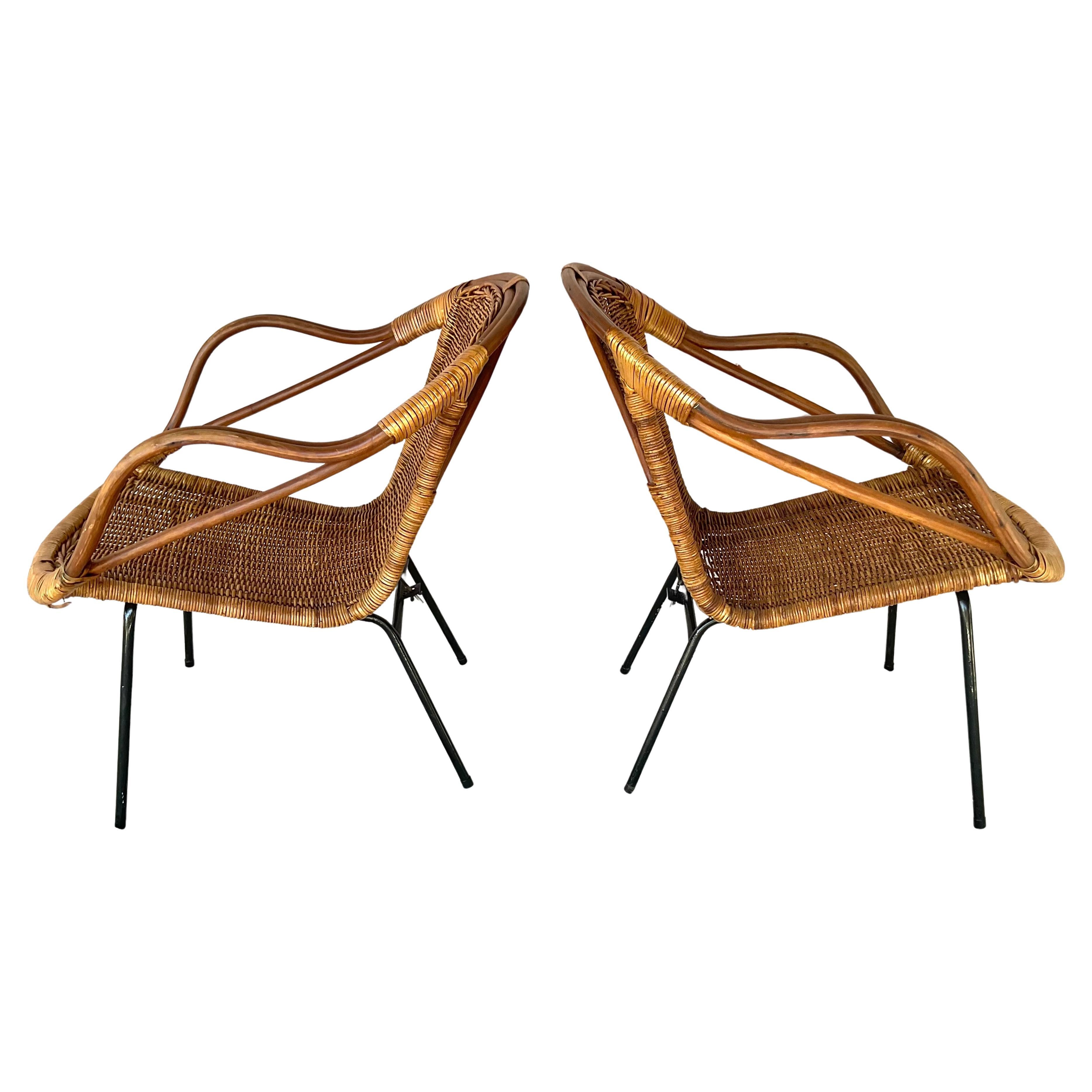 Italian Mid-Century Modern Rattan Lounge Chairs, Set of Two