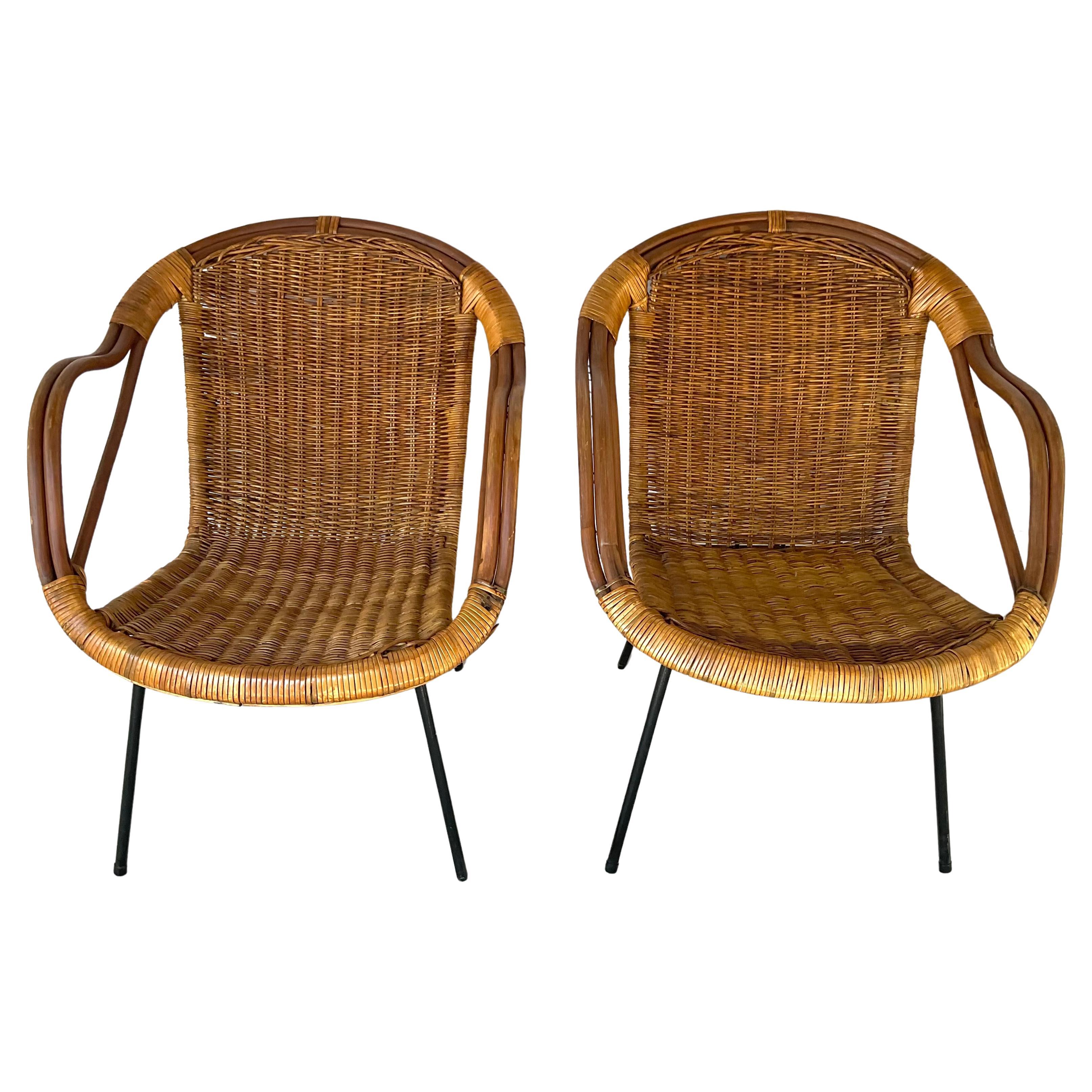 20th Century Mid-Century Modern Rattan Lounge Chairs, Set of Two