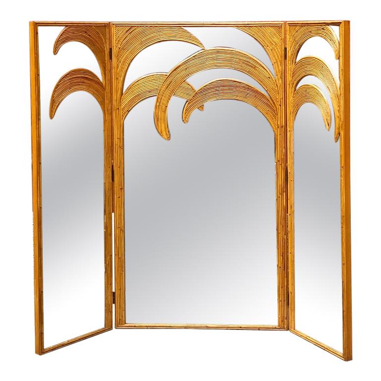 Mid-Century Modern Rattan Mirror with Three Doors by Vivai del Sud, 1970s