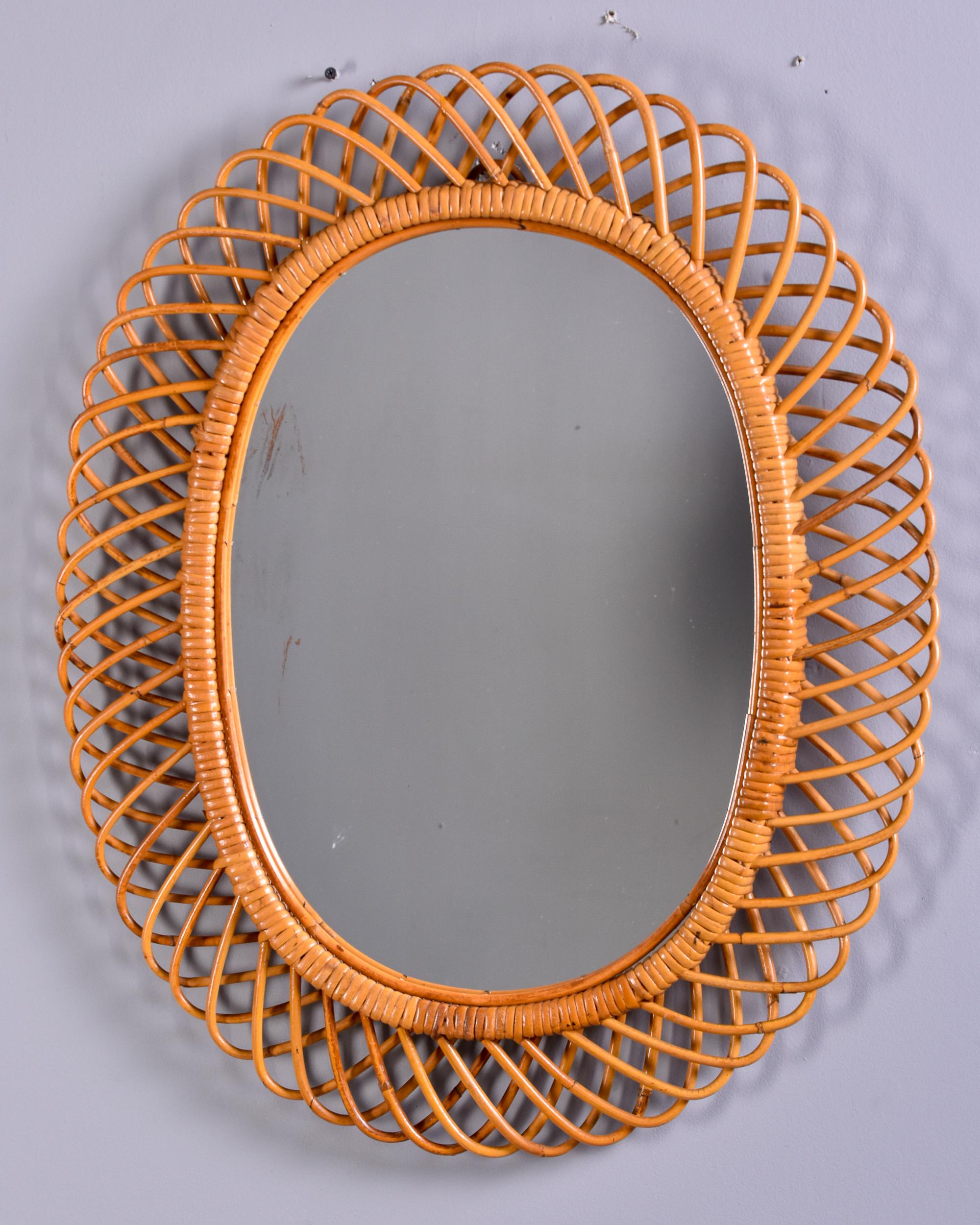 Italian Mid-Century Modern Rattan Oval Mirror