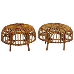 Mid Century Modern Rattan Poufs Franco Albini Style Italy 1950s Set of Two
