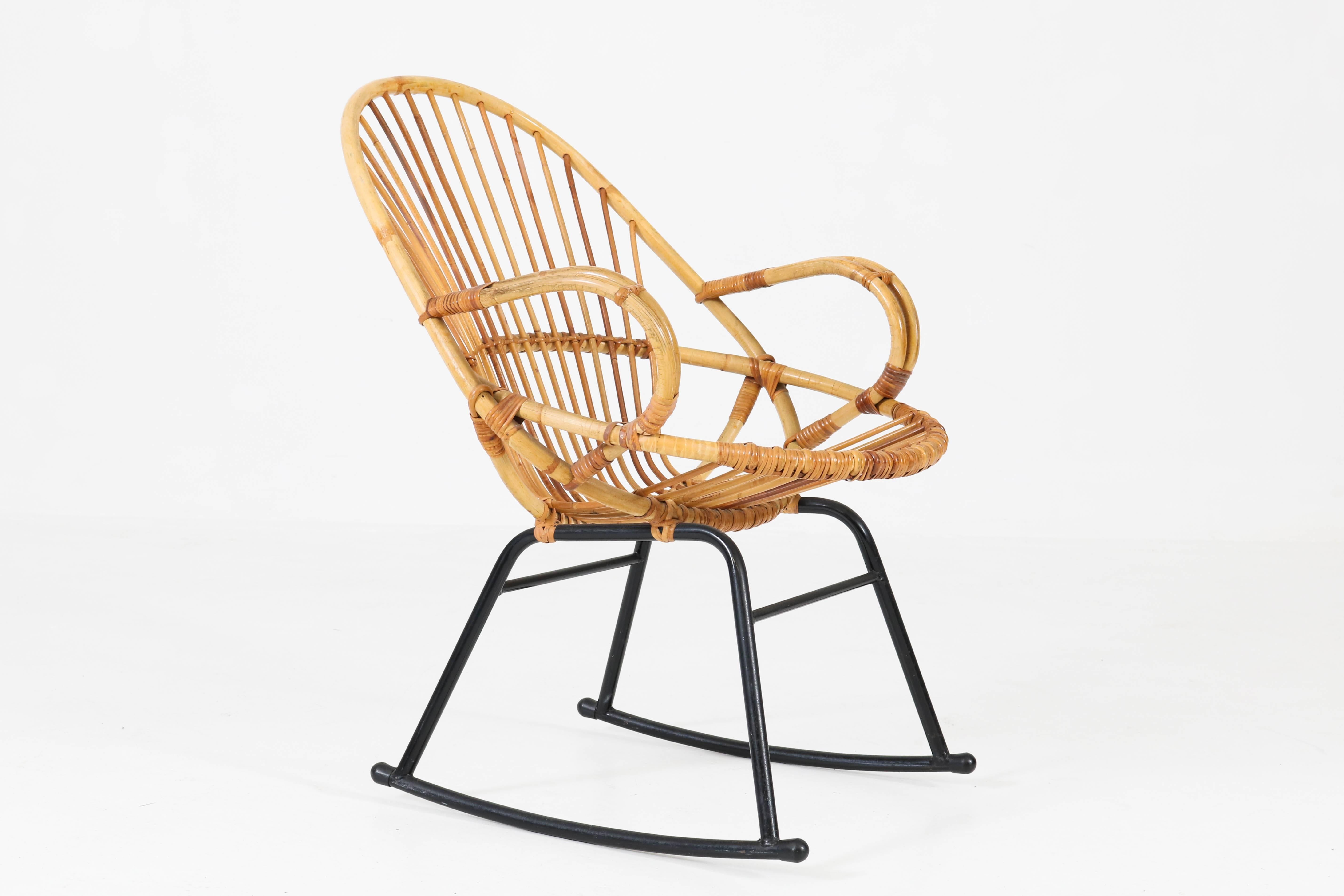 Lacquered Mid-Century Modern Rattan Rocking Chair by Gebroeders Jonker for Rohe, 1960s