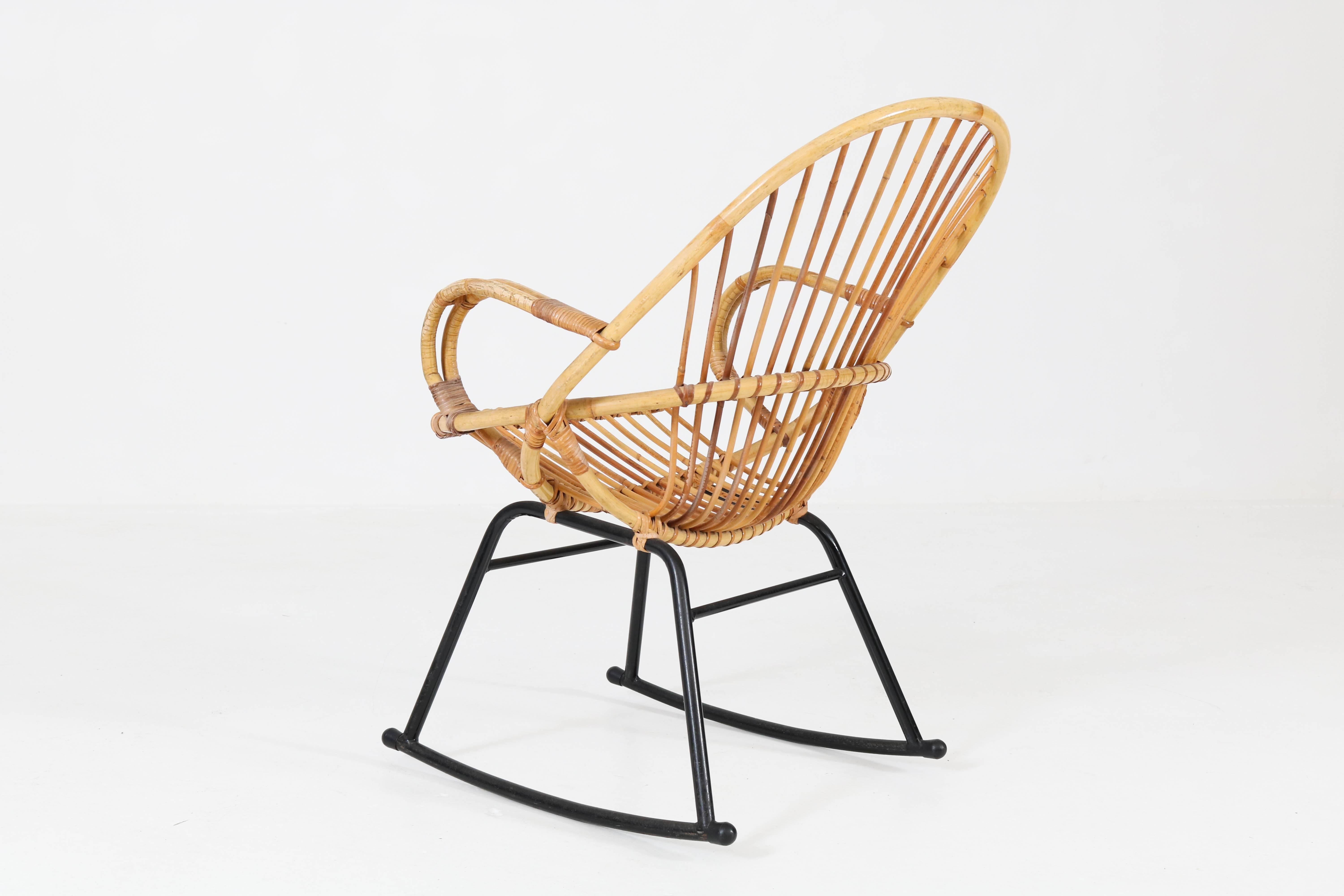 Mid-Century Modern Rattan Rocking Chair by Gebroeders Jonker for Rohe, 1960s 1