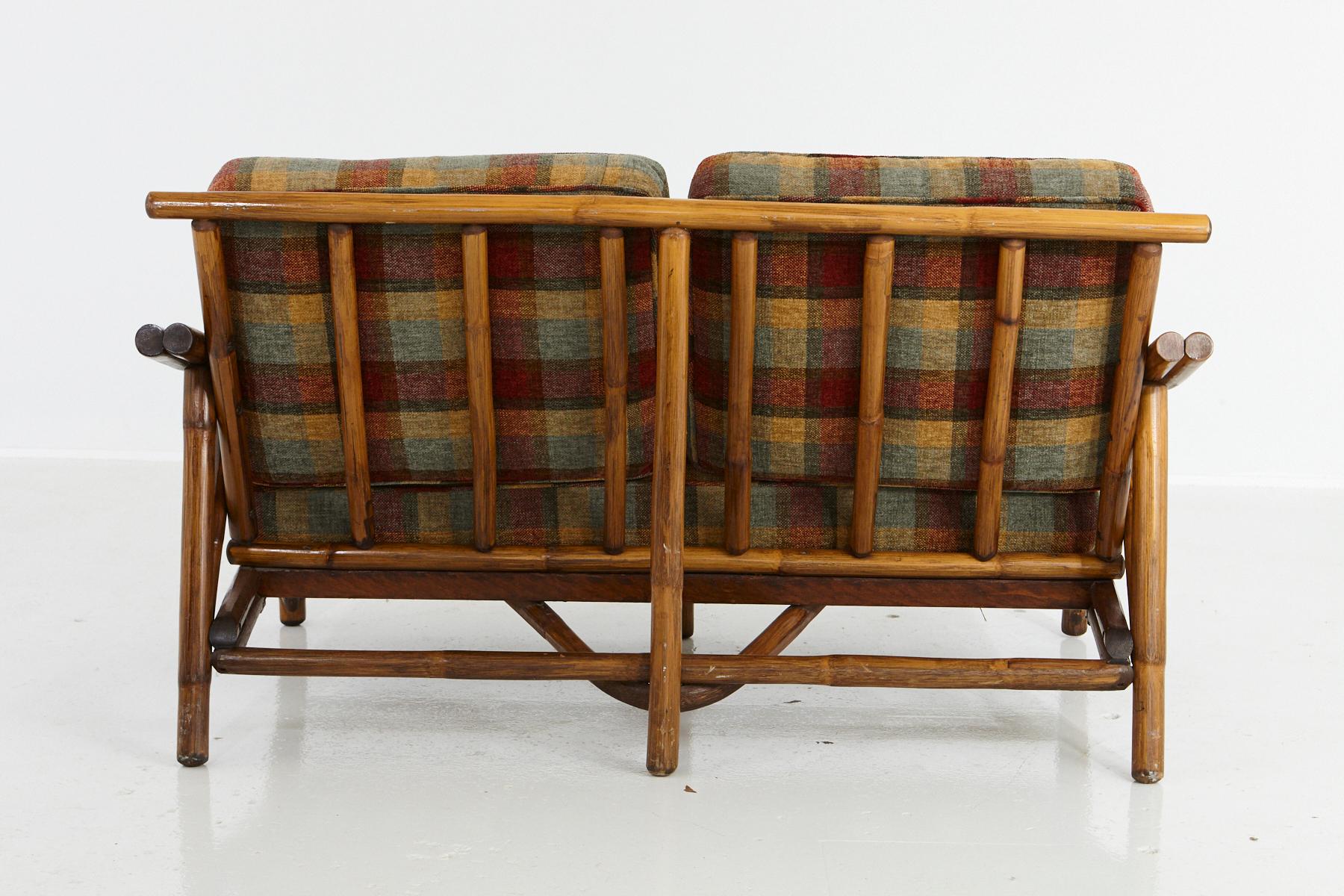 Fabric Mid-Century Modern Rattan Settee in the Style of John Wisner for Ficks Reed For Sale