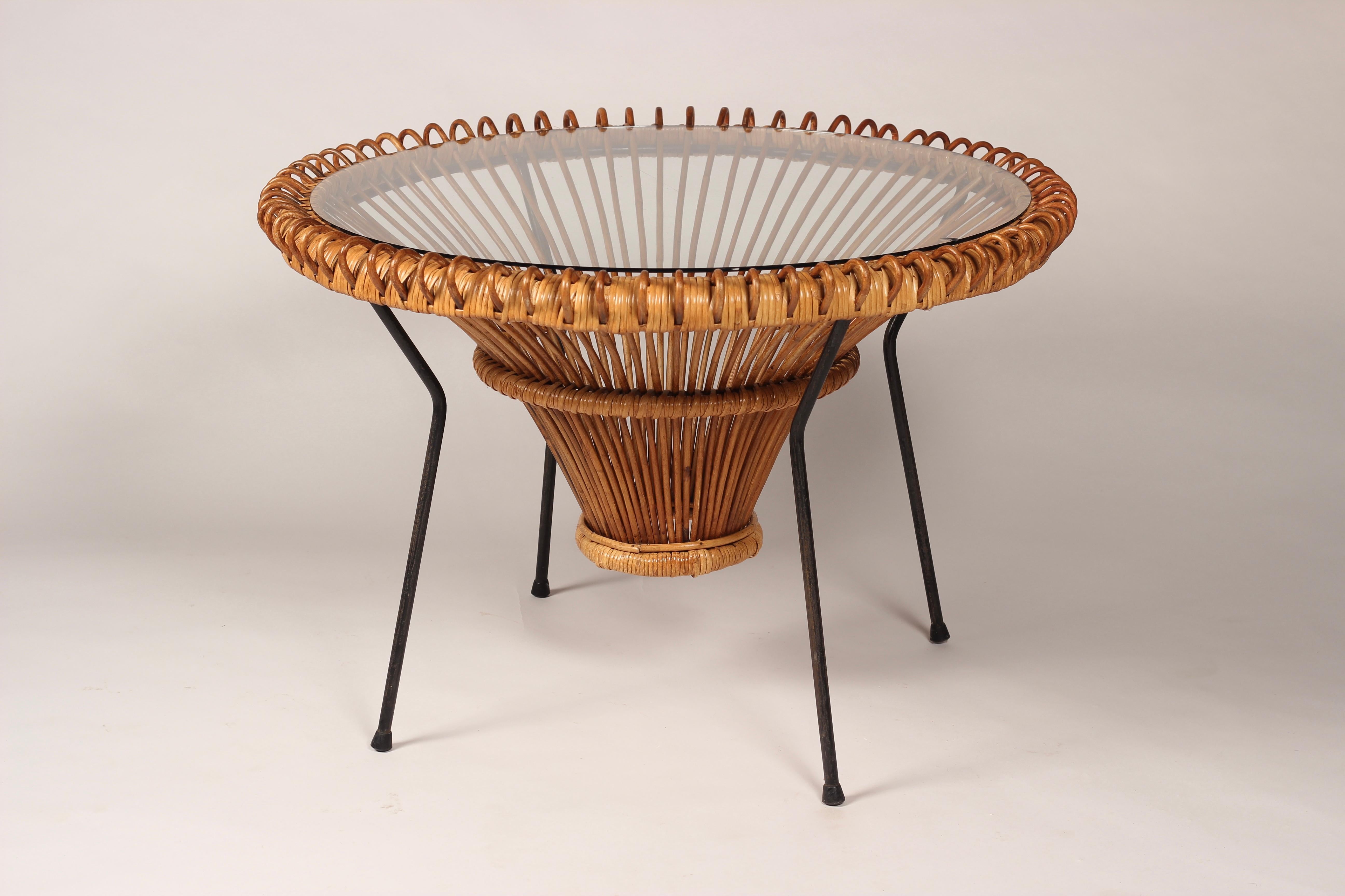 Italian Mid-Century Modern Rattan Side Table in the Style of Franco Albini, 1950’s