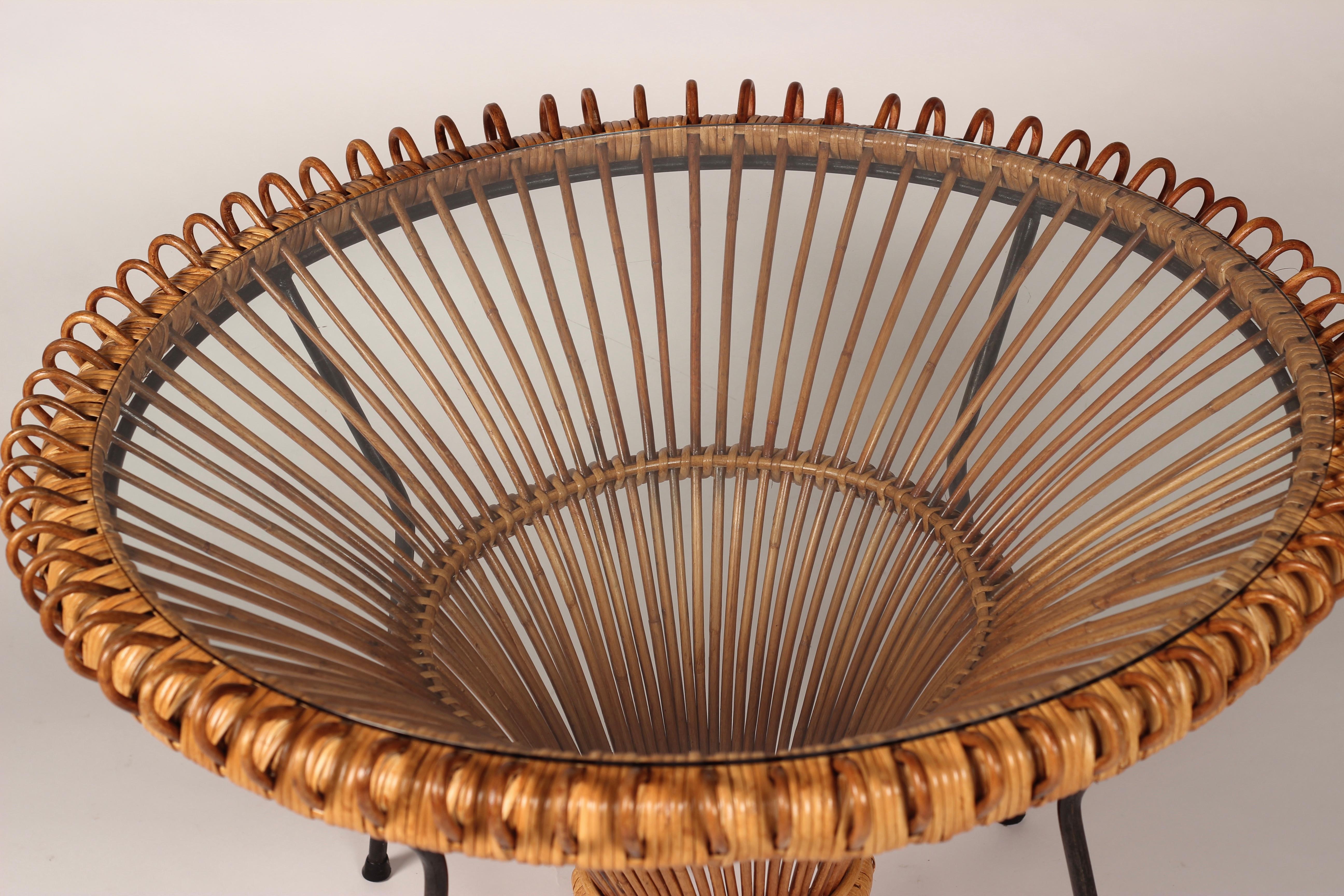 Steel Mid-Century Modern Rattan Side Table in the Style of Franco Albini, 1950’s