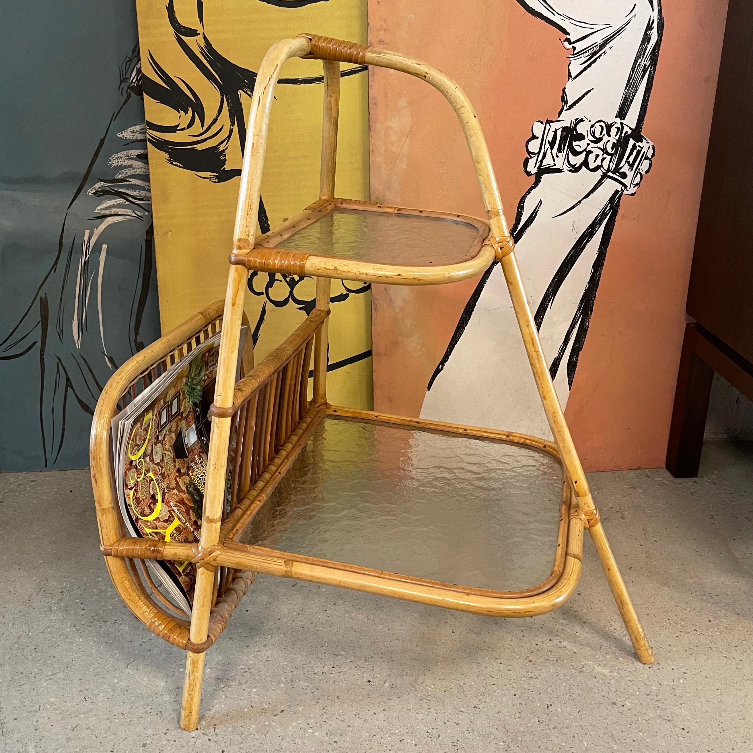 American Mid-Century Modern Rattan Side Table with Magazine Holder