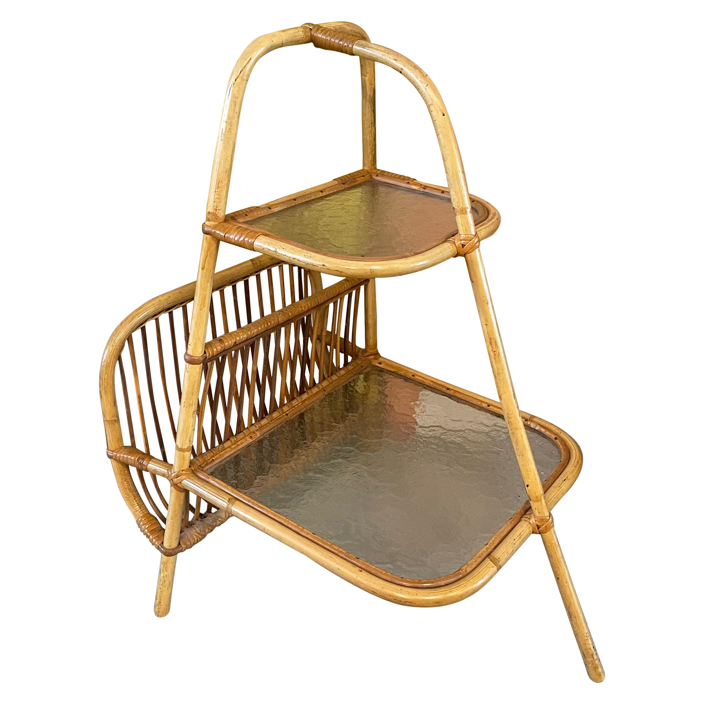 Mid-Century Modern Rattan Side Table with Magazine Holder