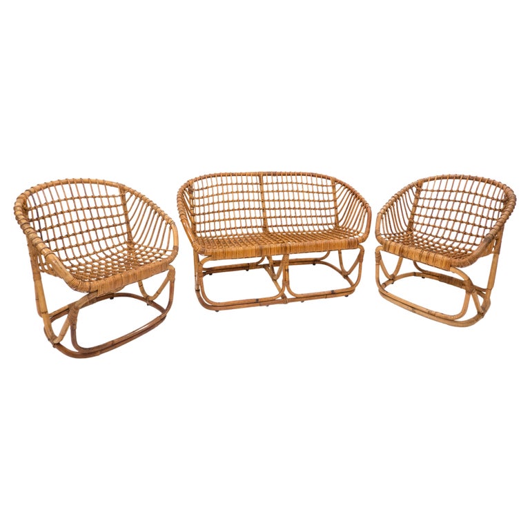 MidCentury Modern Rattan Sofa and Armchairs Set by Tito Agnoli, Italy