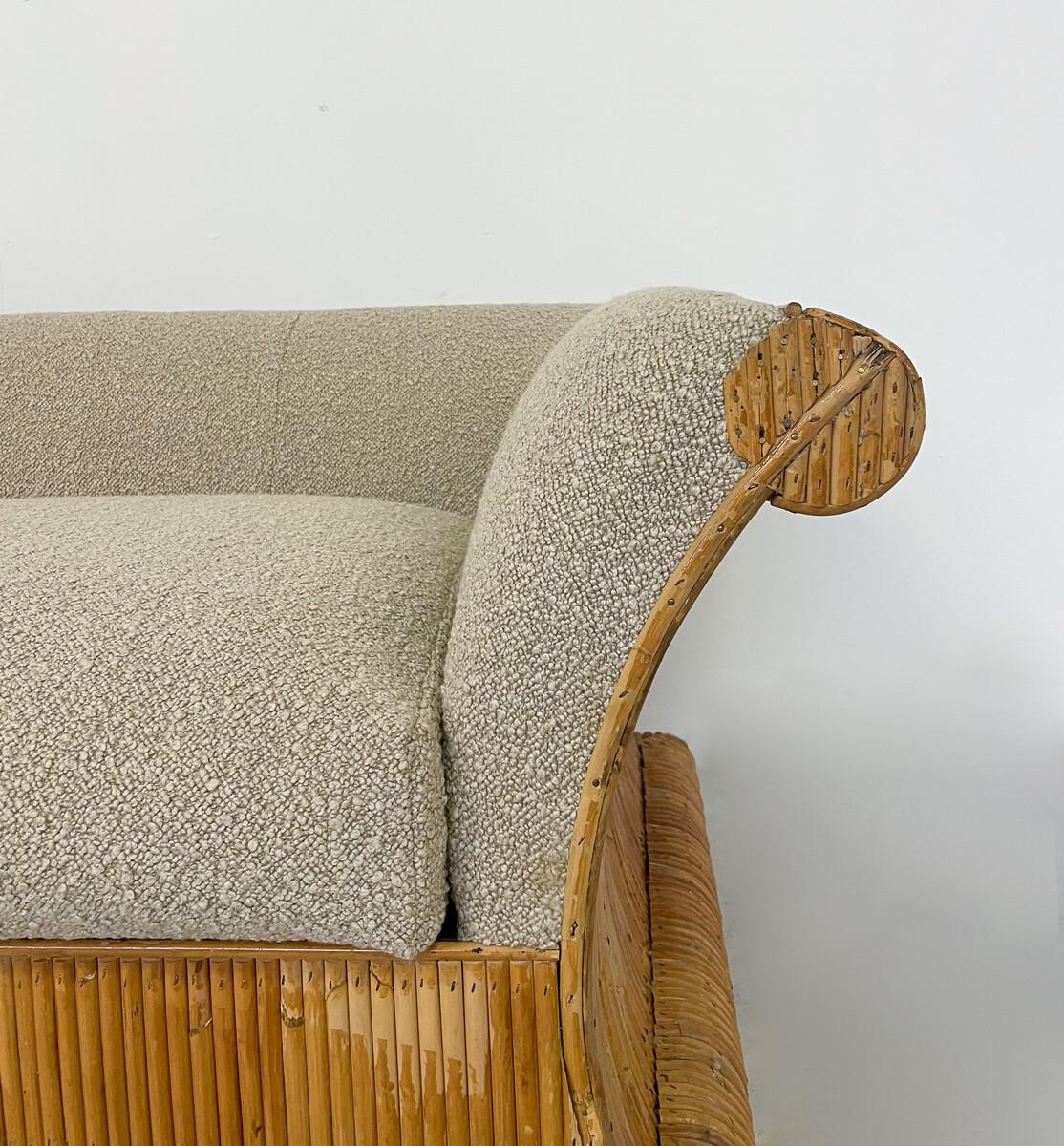 Italian Mid-Century Modern Rattan Three Seater, Beige Boucle Fabric, Italy, 1960s - New  For Sale