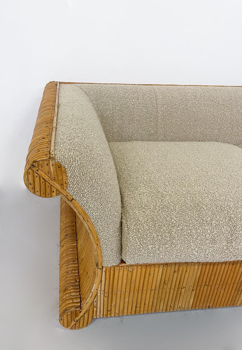 Mid-20th Century Mid-Century Modern Rattan Three Seater, Beige Boucle Fabric, Italy, 1960s - New  For Sale