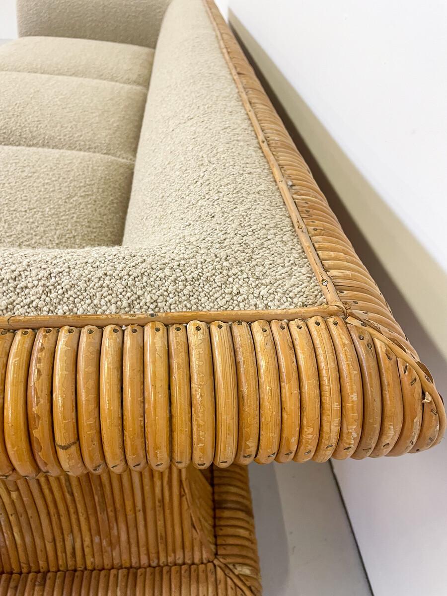 Bouclé Mid-Century Modern Rattan Three Seater, Beige Boucle Fabric, Italy, 1960s - New  For Sale