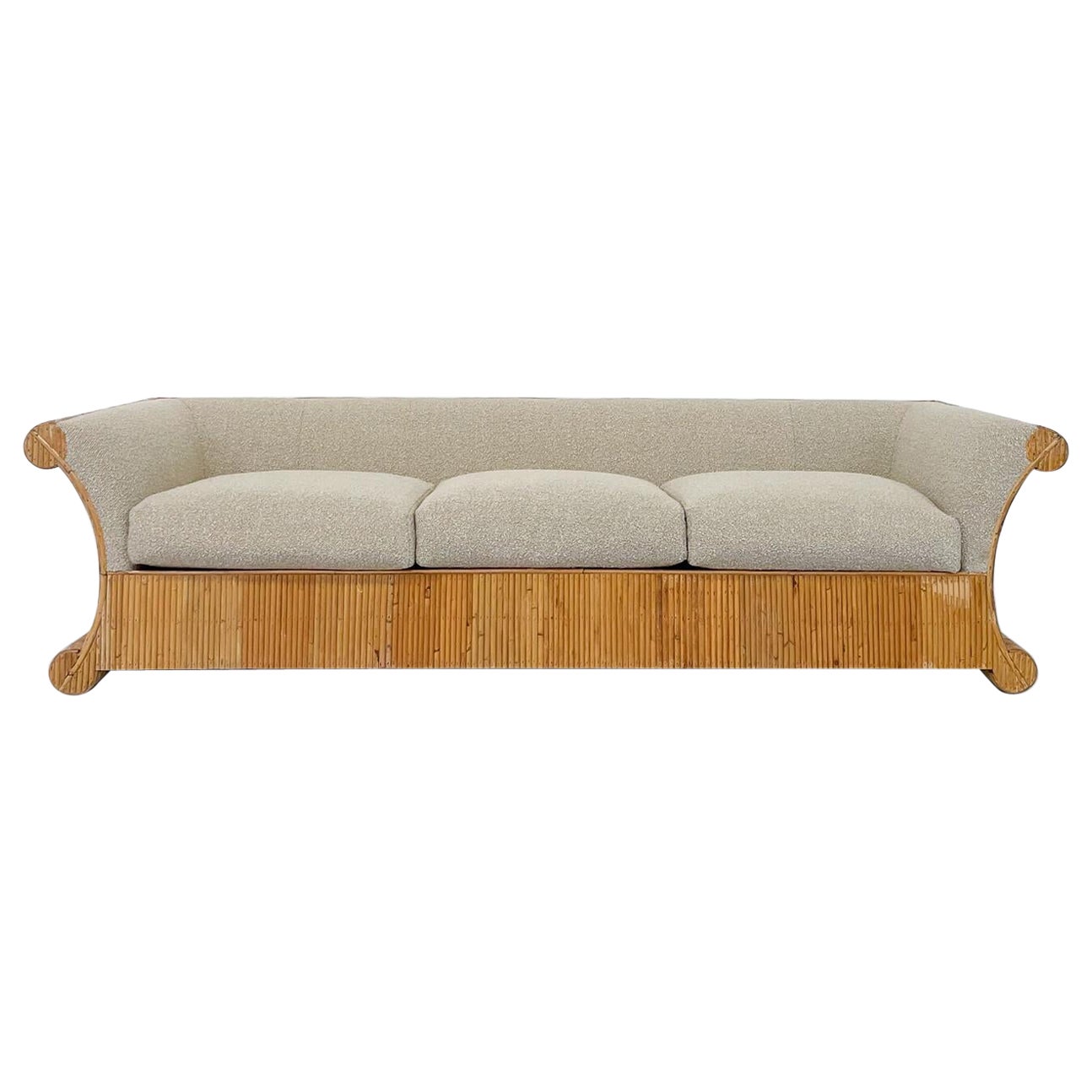 Mid-Century Modern Rattan Three Seater, Beige Boucle Fabric, Italy, 1960s - New