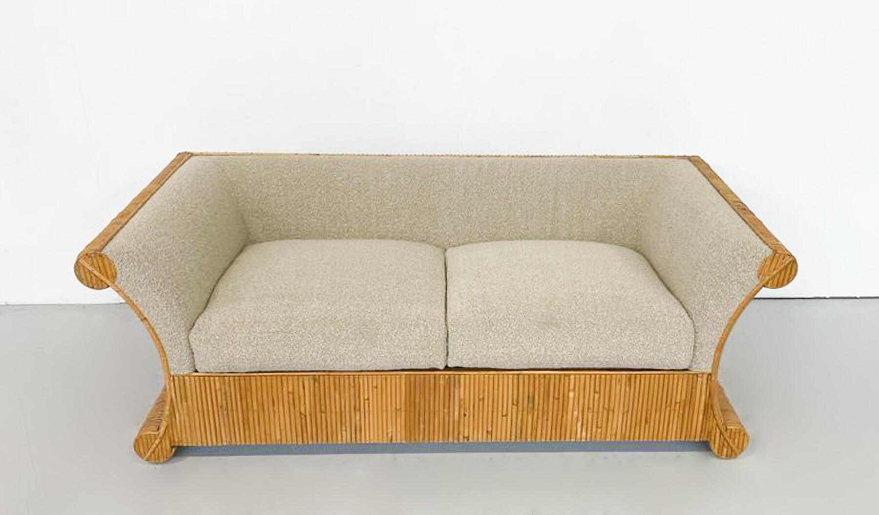 Mid-Century Modern Rattan Two Seater, Beige Boucle Fabric, Italy, 1960s - New Upholstery