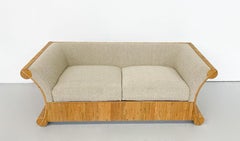 Mid-Century Modern Rattan Two Seater, Beige Boucle Fabric, Italy, 1960s
