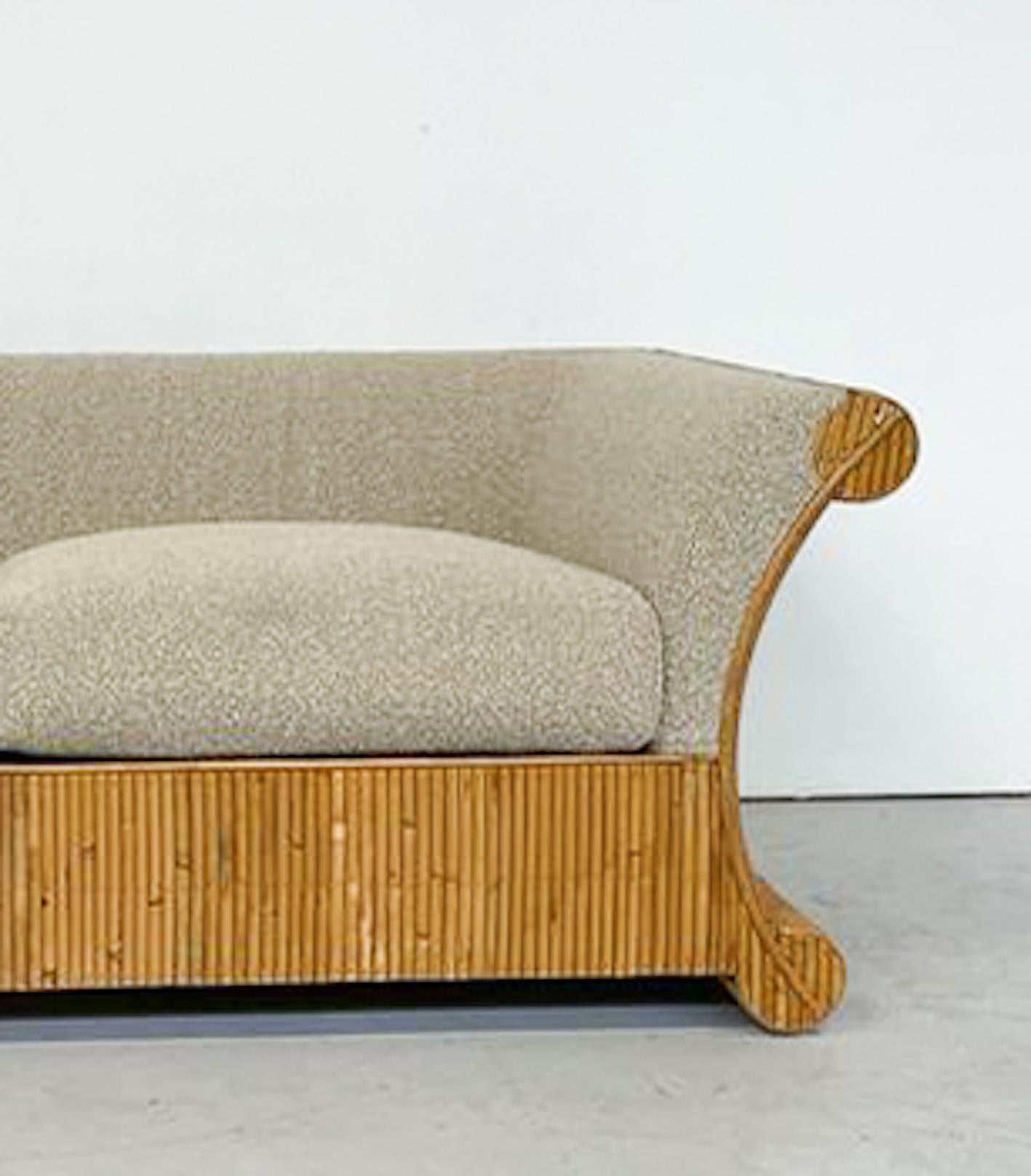 Mid-20th Century Mid-Century Modern Rattan Two Seater, Beige Boucle Fabric, Italy, 1960s  For Sale