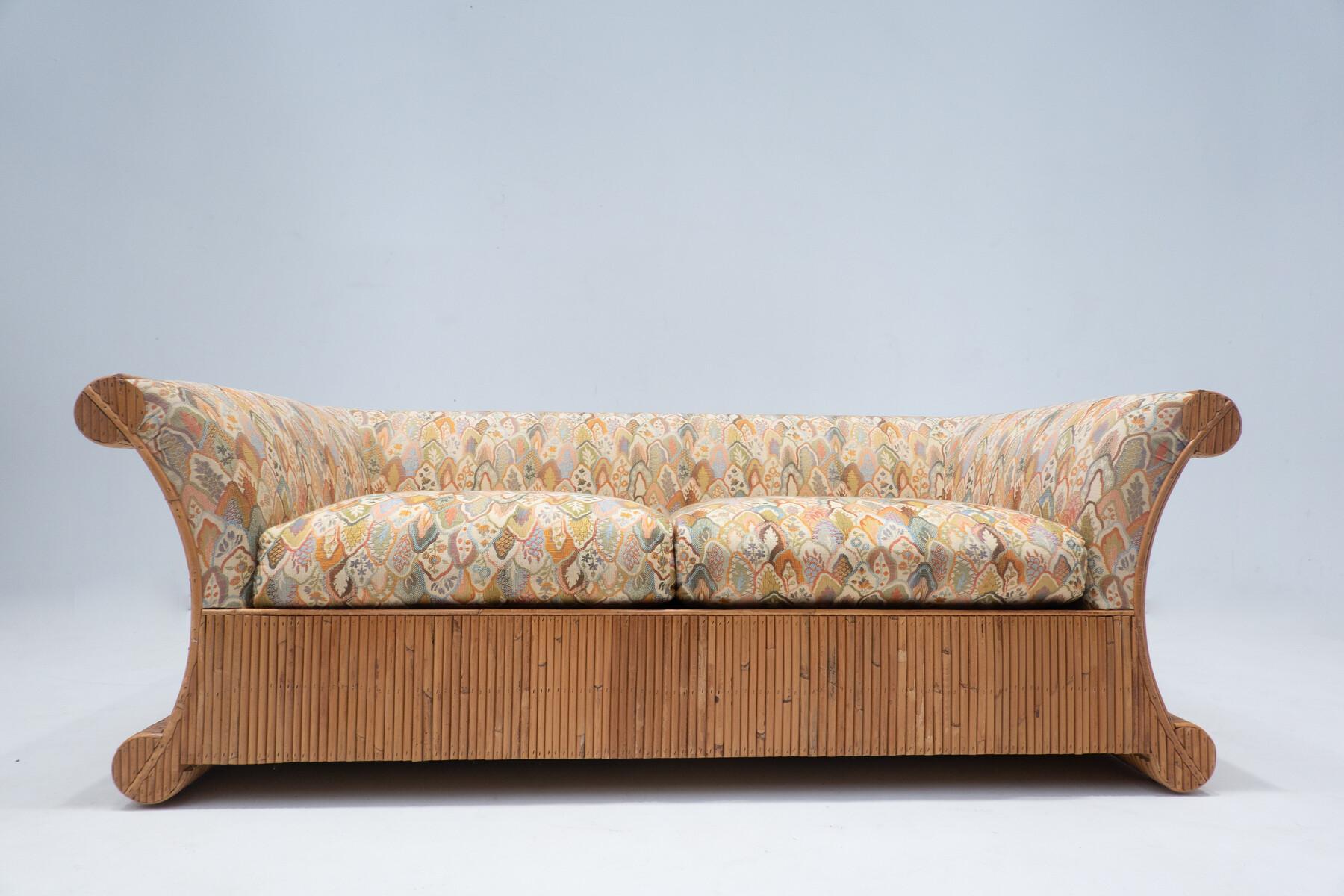 Mid-Century Modern rattan two seater sofa, orignal fabric, Italy.