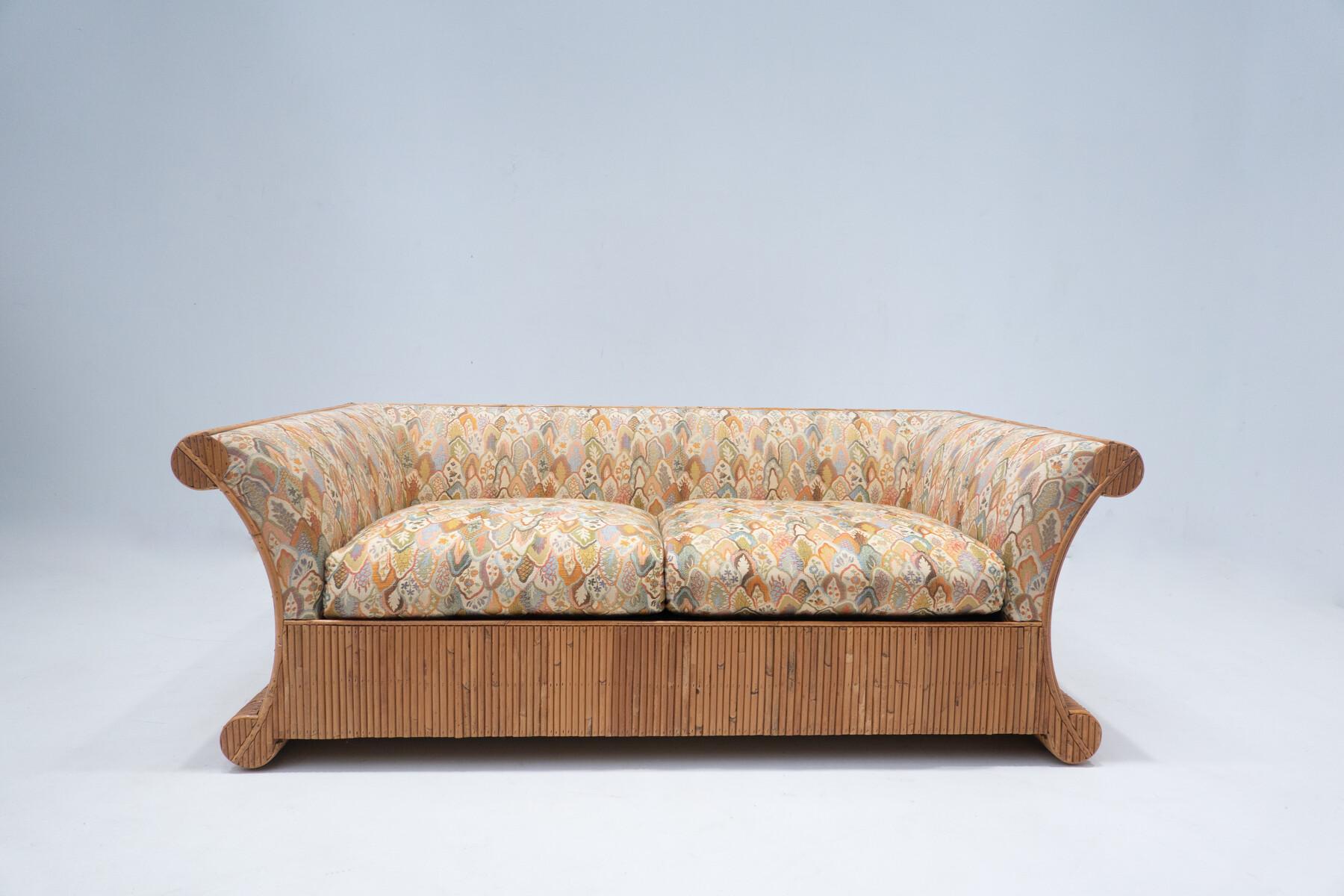 Italian Mid-Century Modern Rattan Two Seater Sofa, Orignal Fabric, Italy