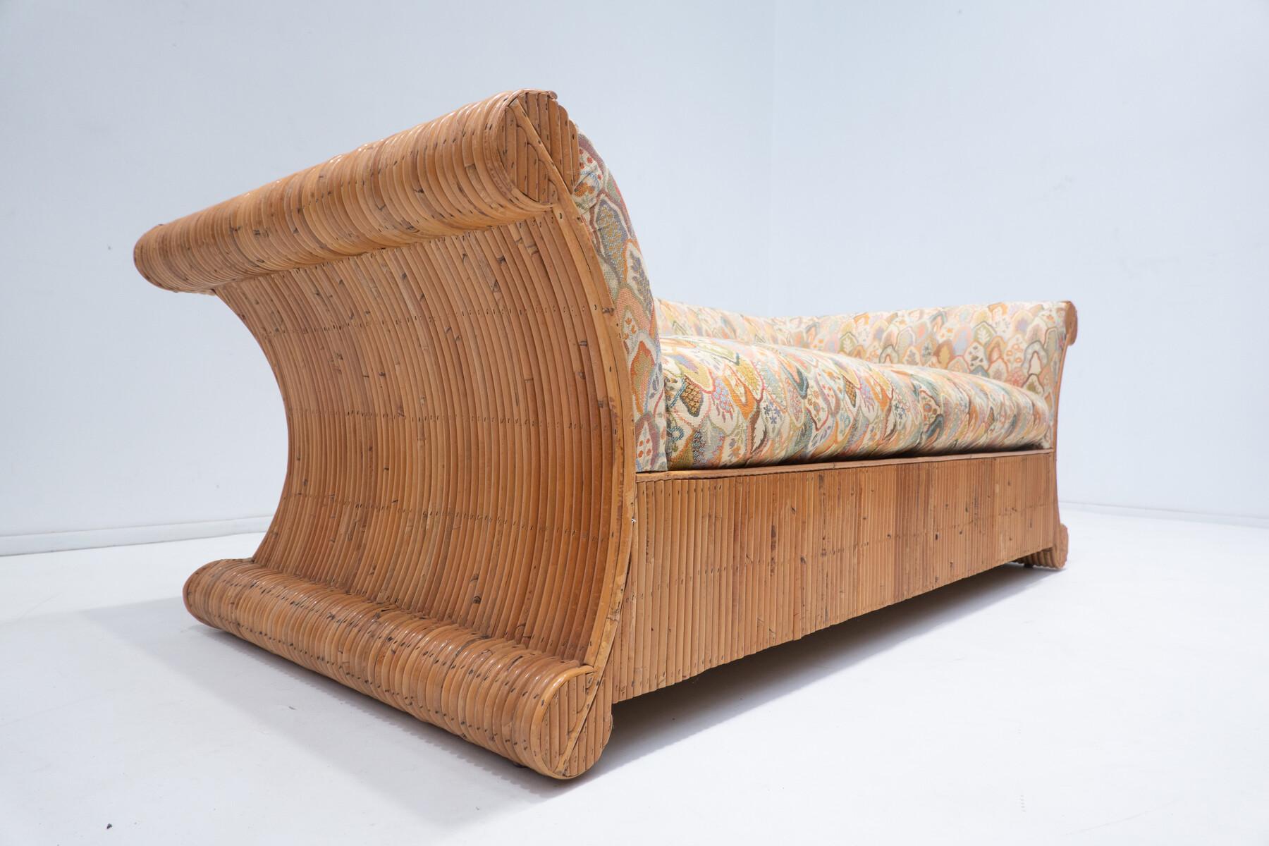 Mid-Century Modern Rattan Two Seater Sofa, Orignal Fabric, Italy 1