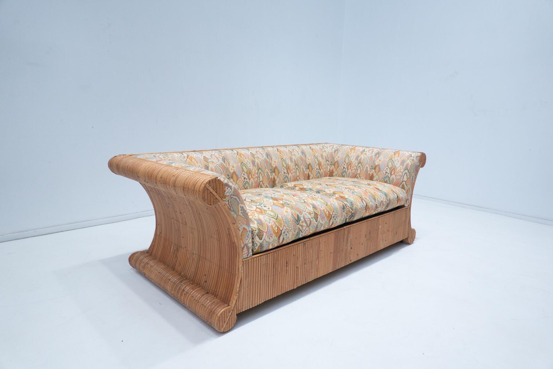 Mid-Century Modern Rattan Two Seater Sofa, Orignal Fabric, Italy 2