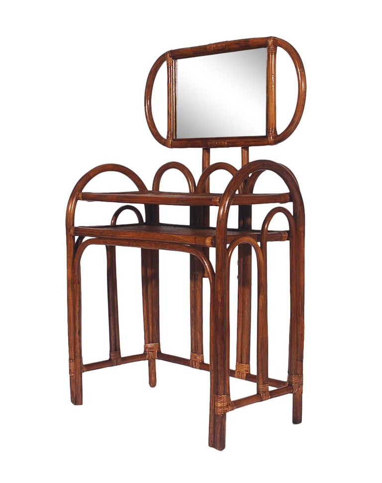 American Mid-Century Modern Rattan Vanity Set with Matching Stool in Art Deco Form