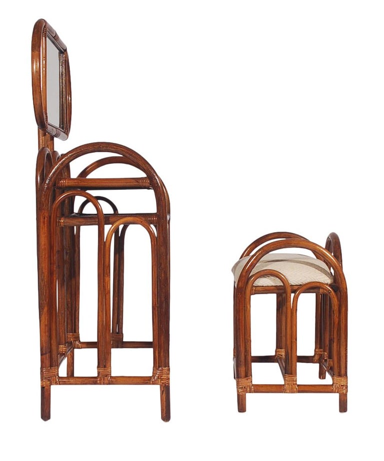 MidCentury Modern Rattan Vanity Set with Matching Stool in Art Deco