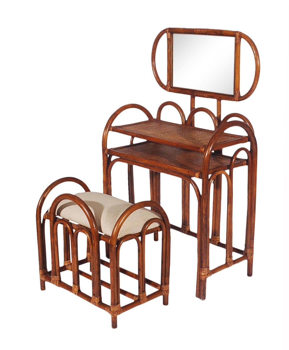 American Mid-Century Modern Rattan Vanity Set with Matching Stool in Art Deco Form