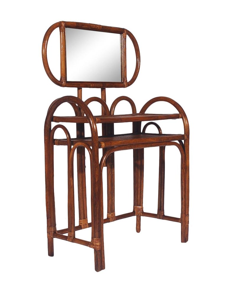 MidCentury Modern Rattan Vanity Set with Matching Stool in Art Deco