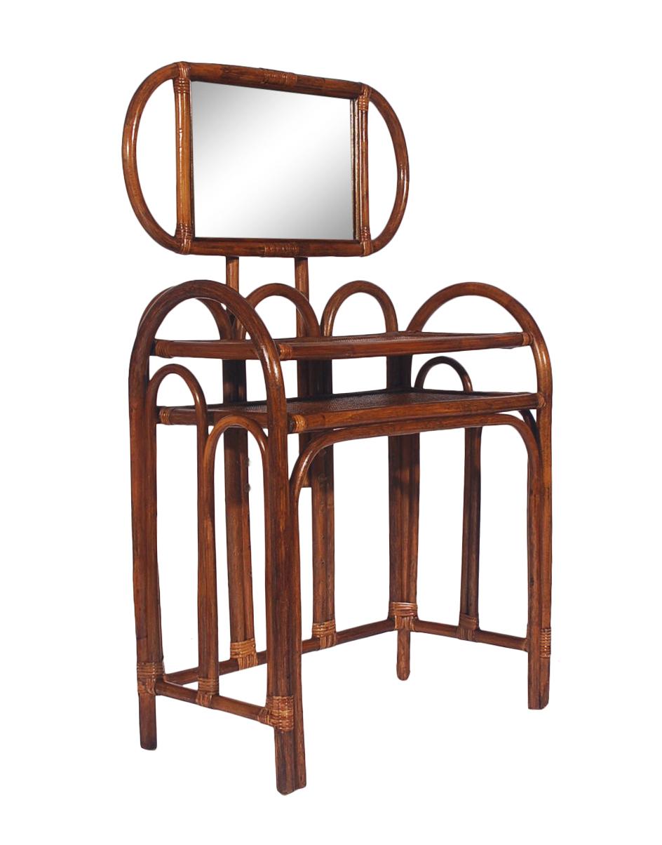 Late 20th Century Mid-Century Modern Rattan Vanity Set with Matching Stool in Art Deco Form For Sale